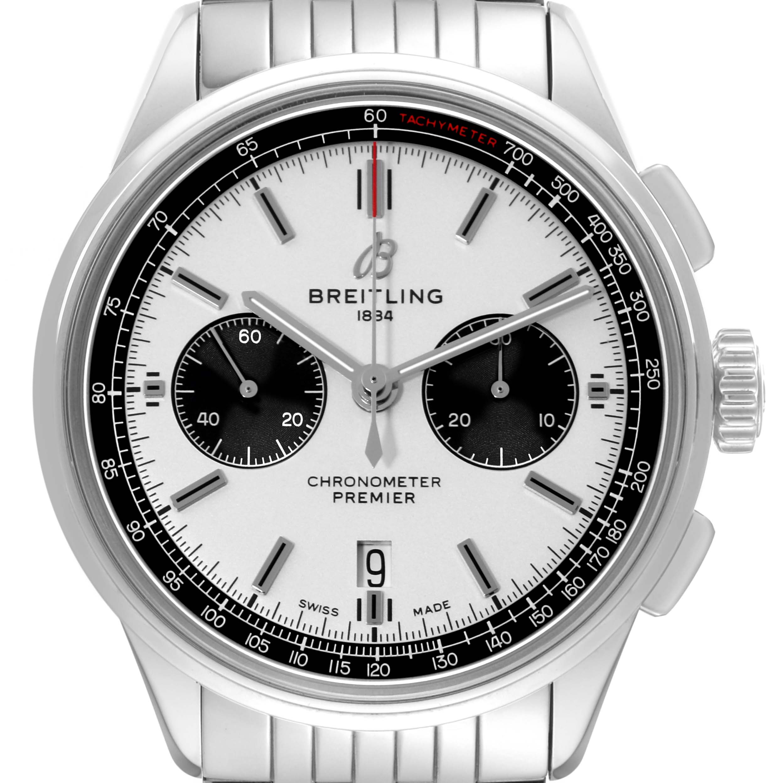 The image shows a front view of the Breitling Premier AB0118 Men's Stainless Steel Silver Dial AB0118 Men's Stainless Steel Silver Dial model watch, highlighting its dial, chronograph subdials, and bracelet.
