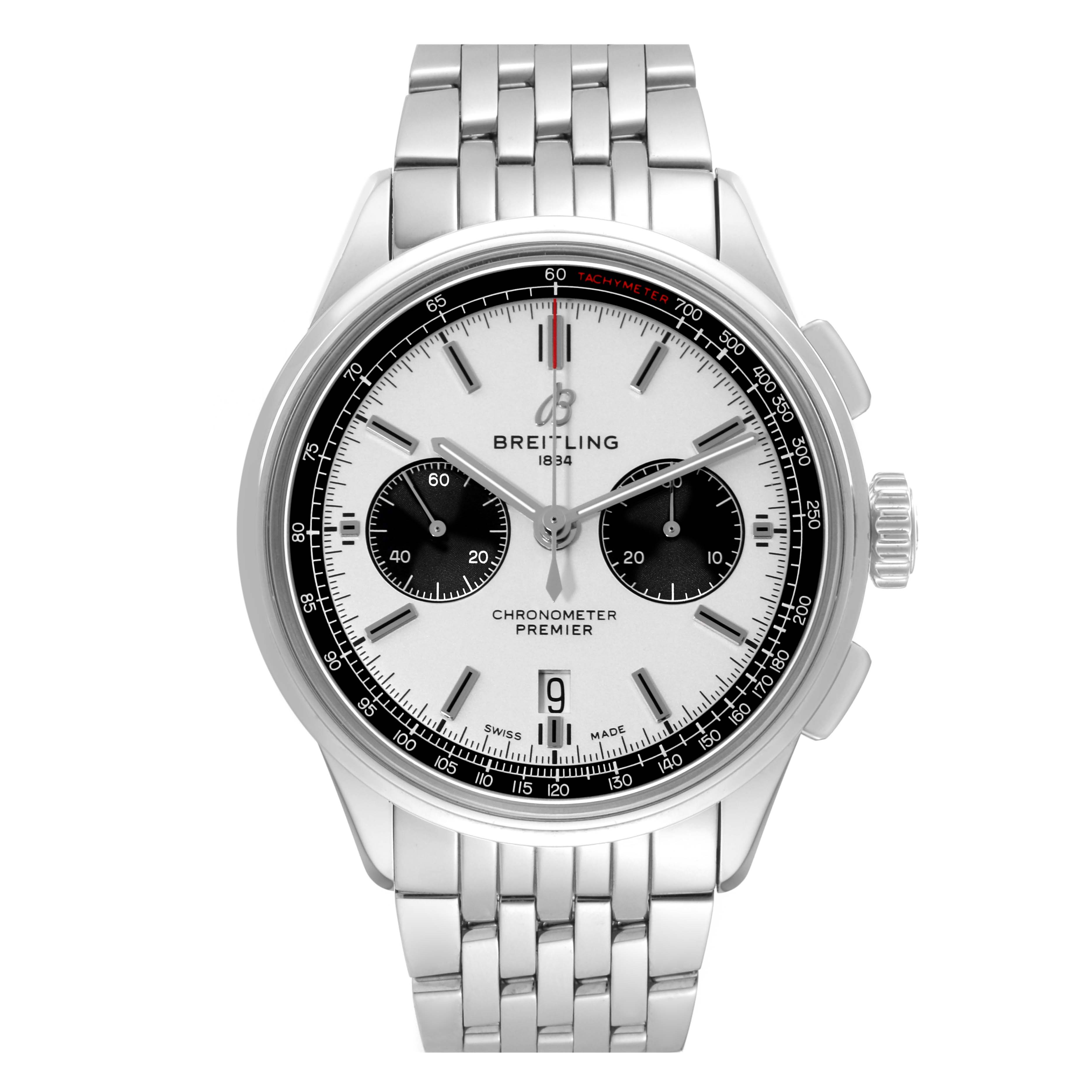 The image shows a front view of the Breitling Premier AB0118 Men's Stainless Steel Silver Dial AB0118 Men's Stainless Steel Silver Dial Chronometer watch, highlighting its dial, sub-dials, bezel, and bracelet.