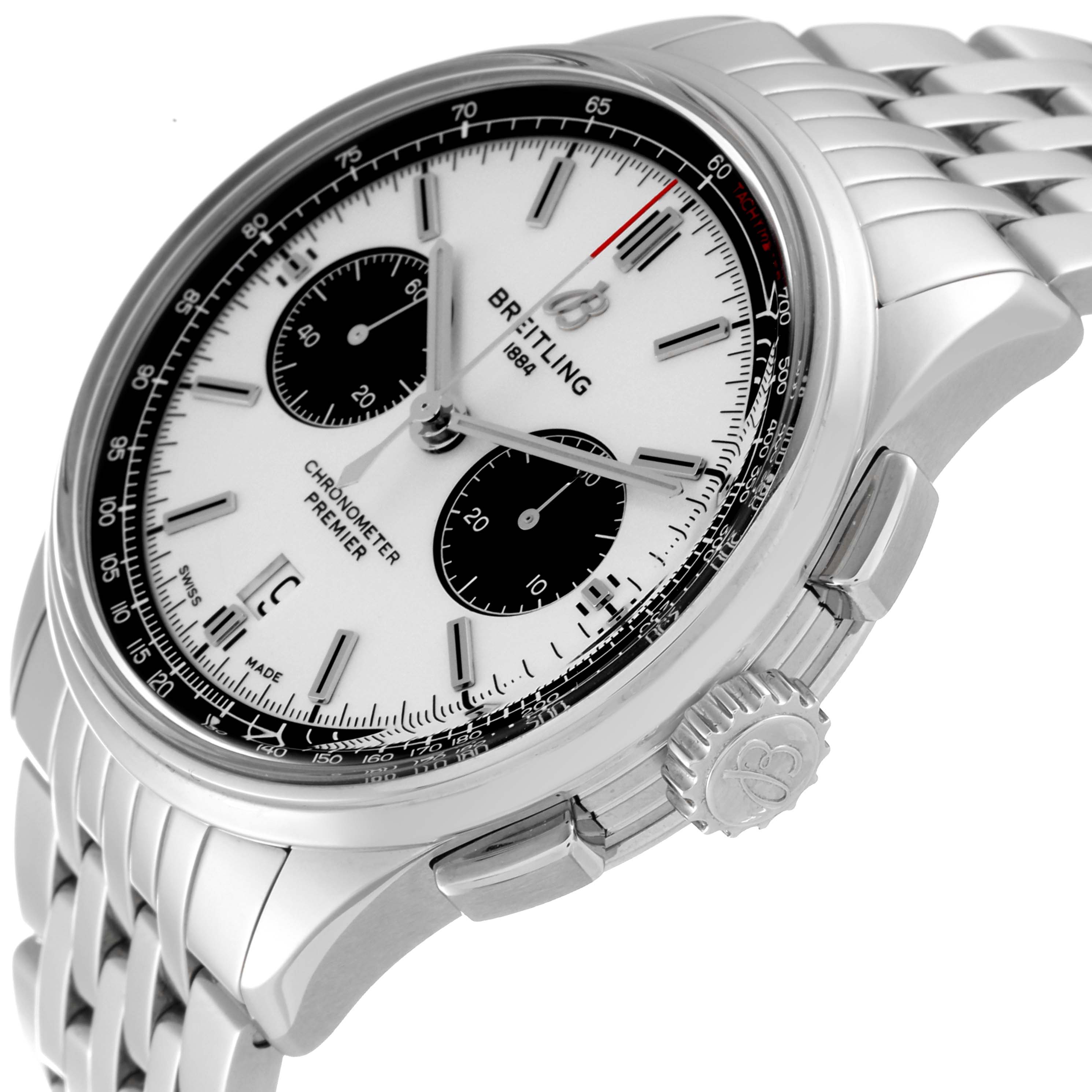 The image shows a tilted angle of the Breitling Premier AB0118 Men's Stainless Steel Silver Dial AB0118 Men's Stainless Steel Silver Dial model watch, highlighting the dial, bezel, crown, and part of the bracelet.