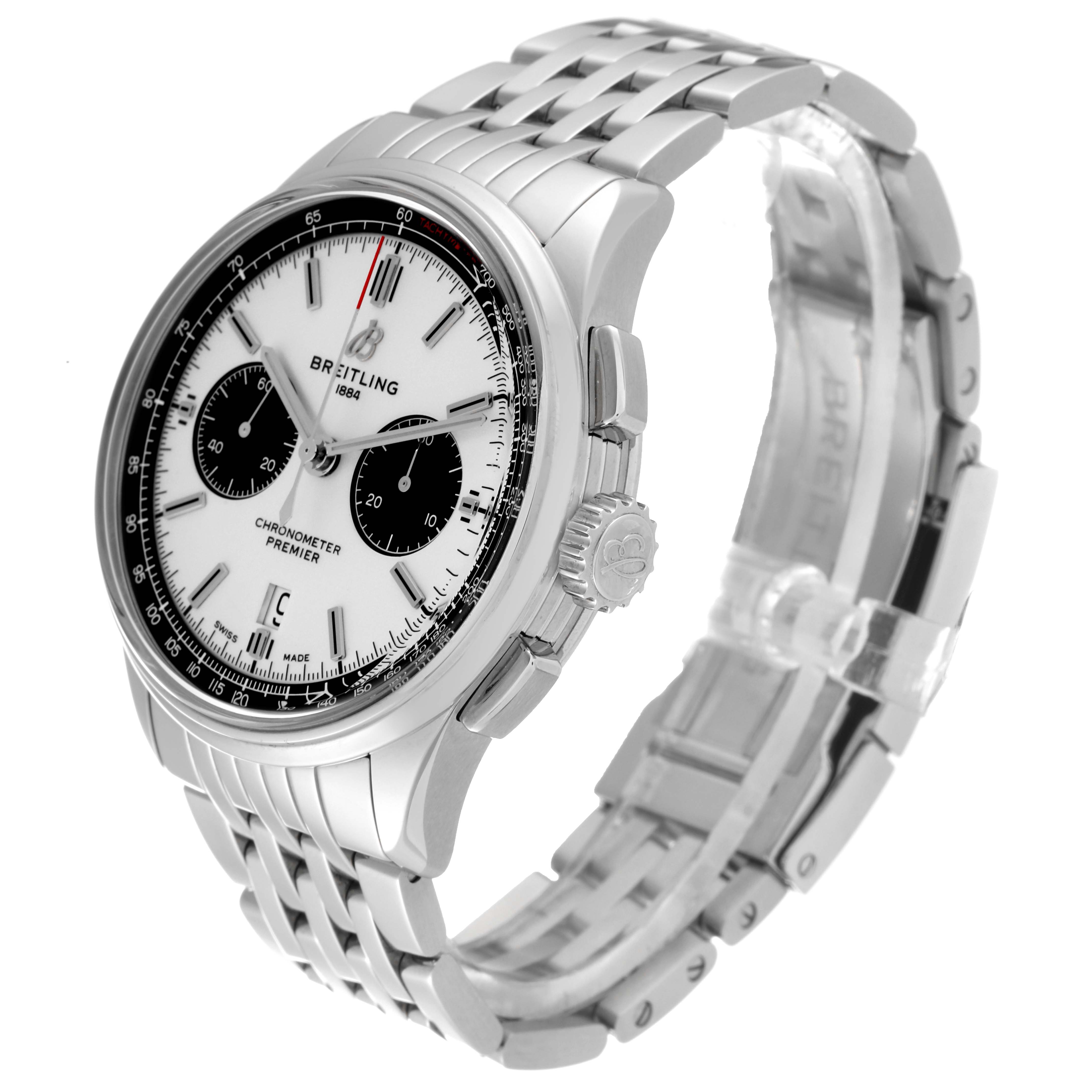 The Breitling Premier AB0118 Men's Stainless Steel Silver Dial AB0118 Men's Stainless Steel Silver Dial watch is shown at an oblique angle, displaying its face, bracelet, and crown.