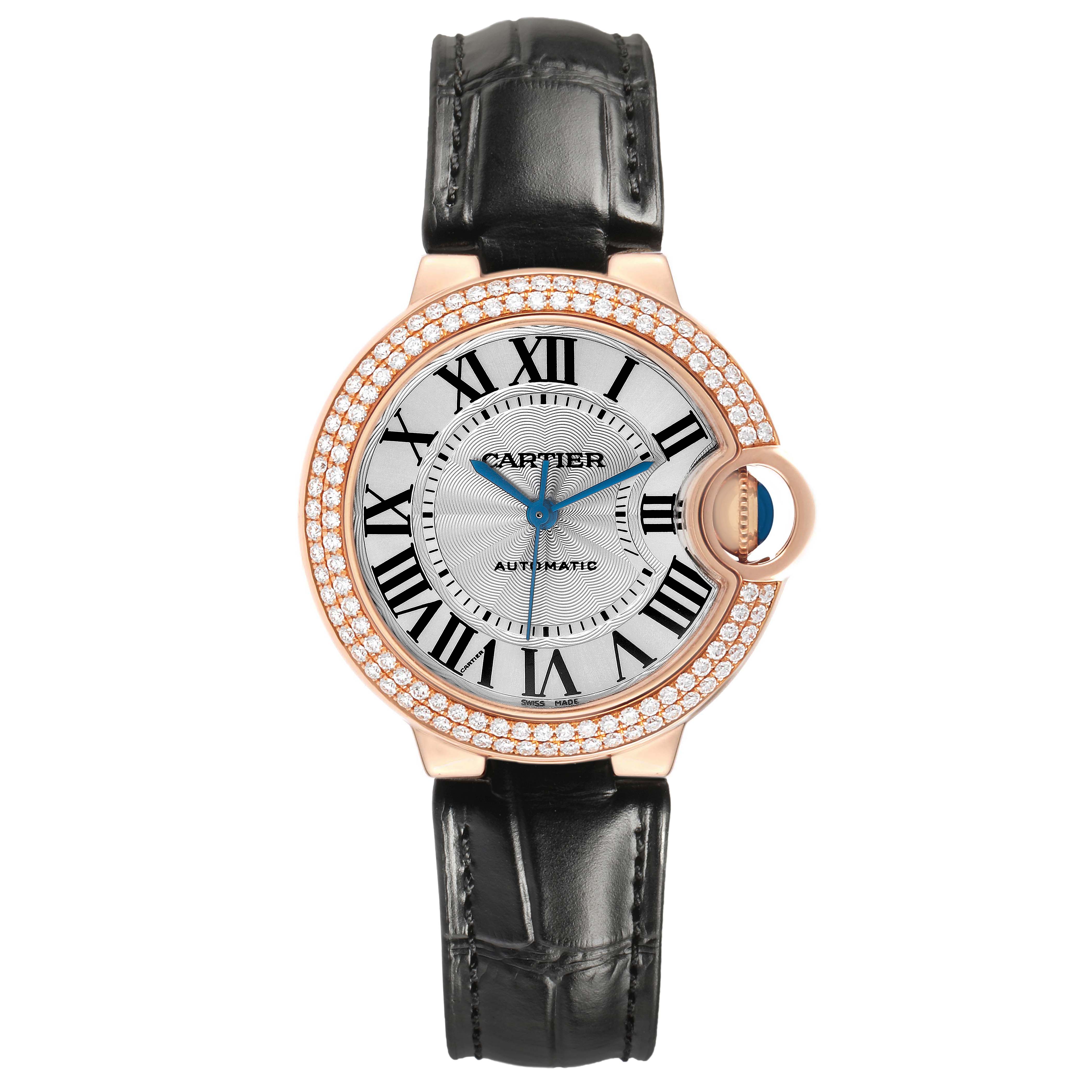 The watch is shown from a front view, displaying the Ballon Bleu by Cartier's dial, diamond-set bezel, and leather strap.