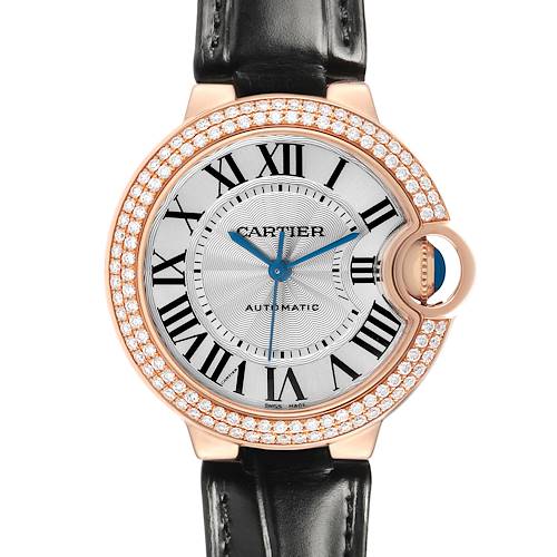 The Cartier Ballon Bleu WE902066 Women's Rose Gold Silver Dial watch is shown from the front, highlighting its diamond bezel, Roman numerals, and blue hands.