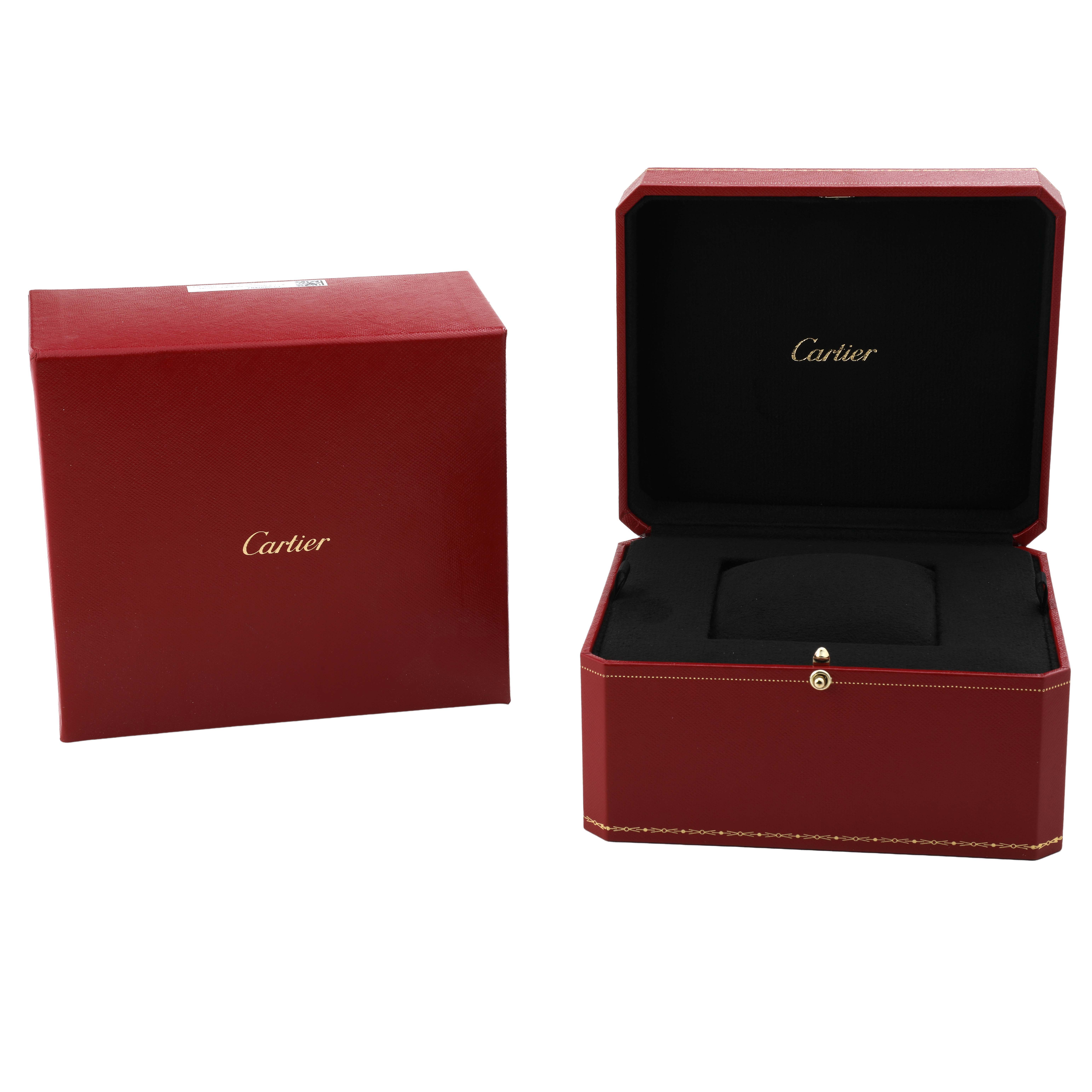 This image shows the Cartier Ballon Bleu WE902077 Women's Steel and Gold (two tone) Silver Dial watch packaging, including a closed outer box and an open inner box displaying its interior.