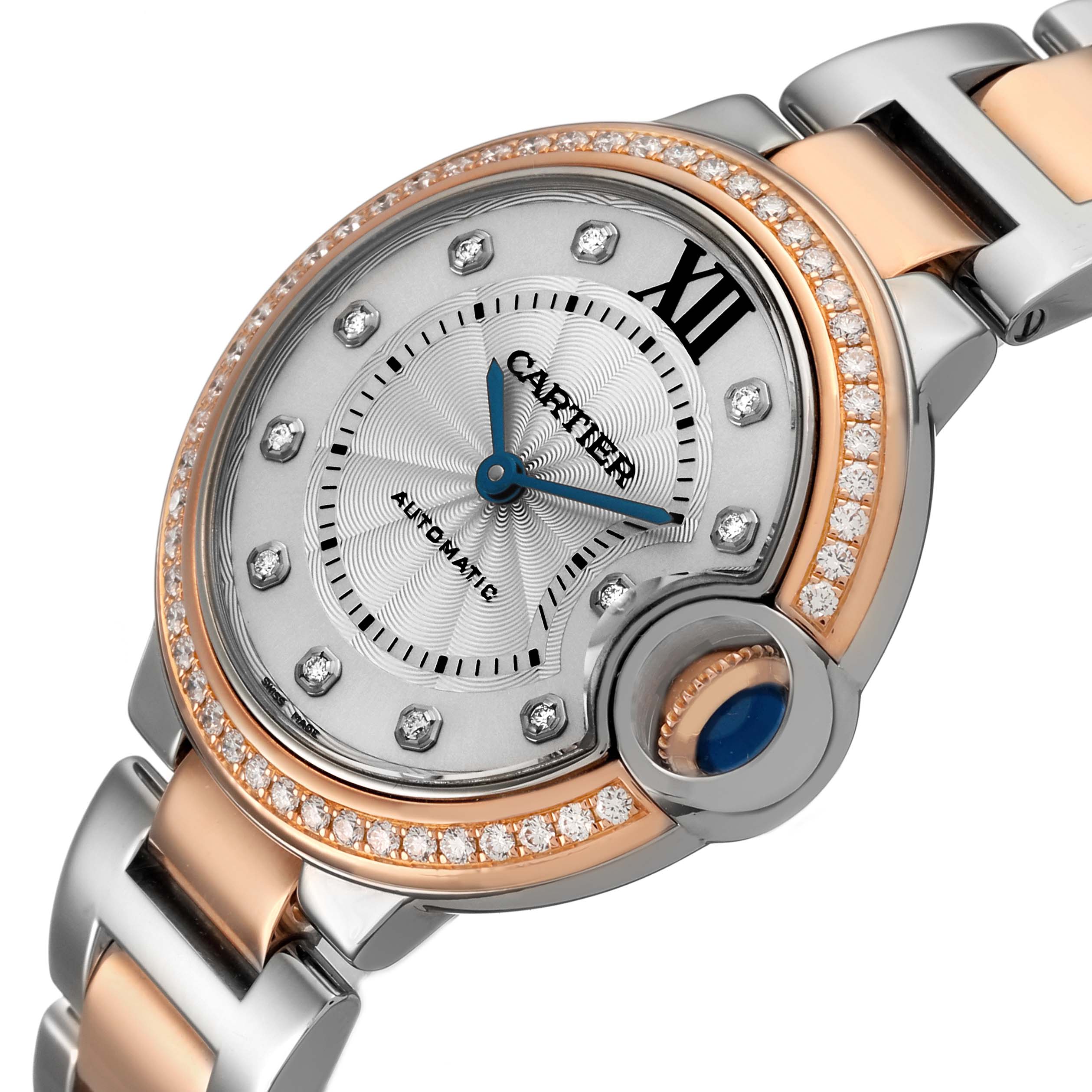 The Cartier Ballon Bleu WE902077 Women's Steel and Gold (two tone) Silver Dial watch is shown at an angled view, highlighting the bezel, dial, and bracelet in rose gold and silver.