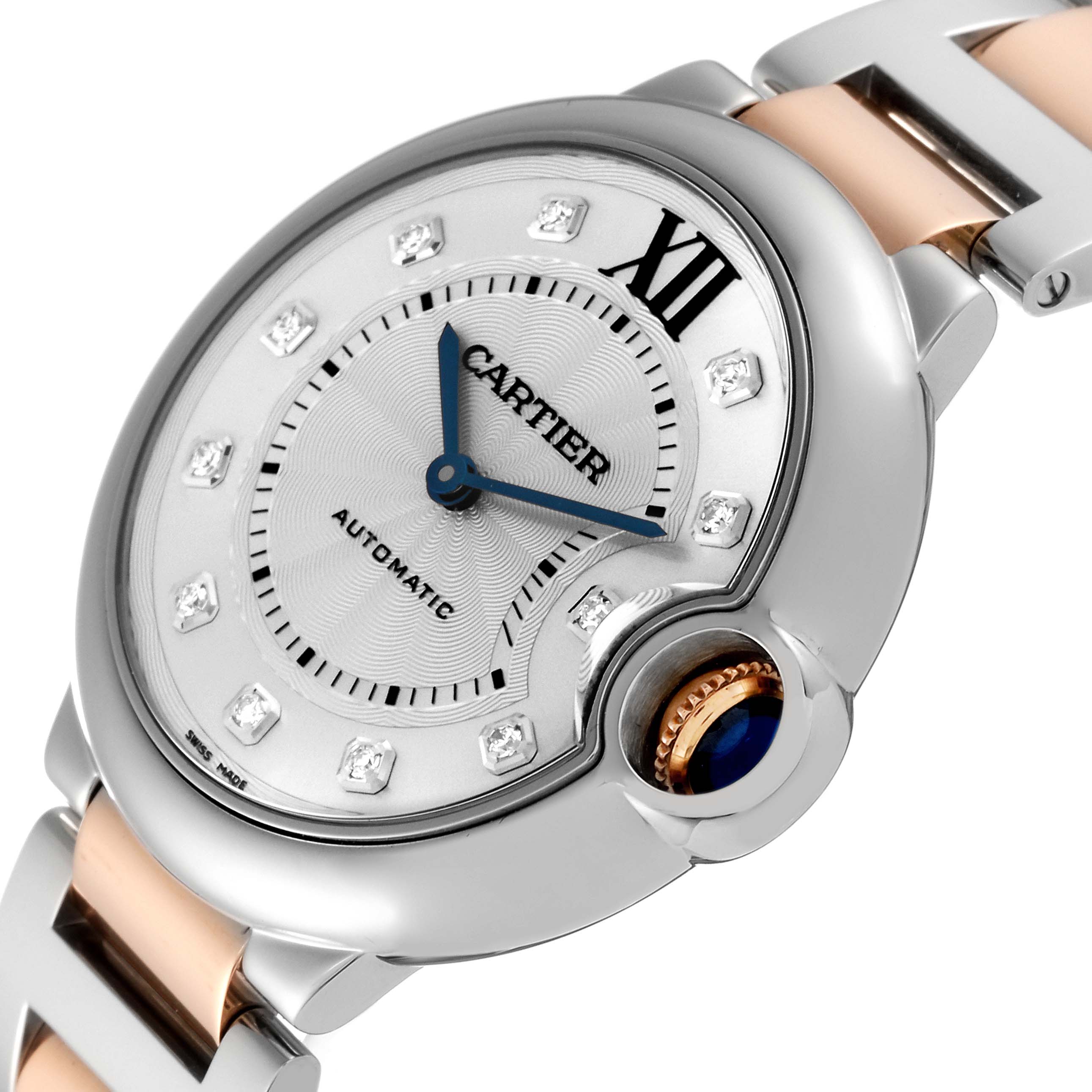 The image shows a Cartier Ballon Bleu W3BB0018 Women's Steel and Gold (two tone) Silver Dial W3BB0018 Women's Steel and Gold (two tone) Silver Dial watch angled from the front, highlighting the face, crown, and part of the bracelet.