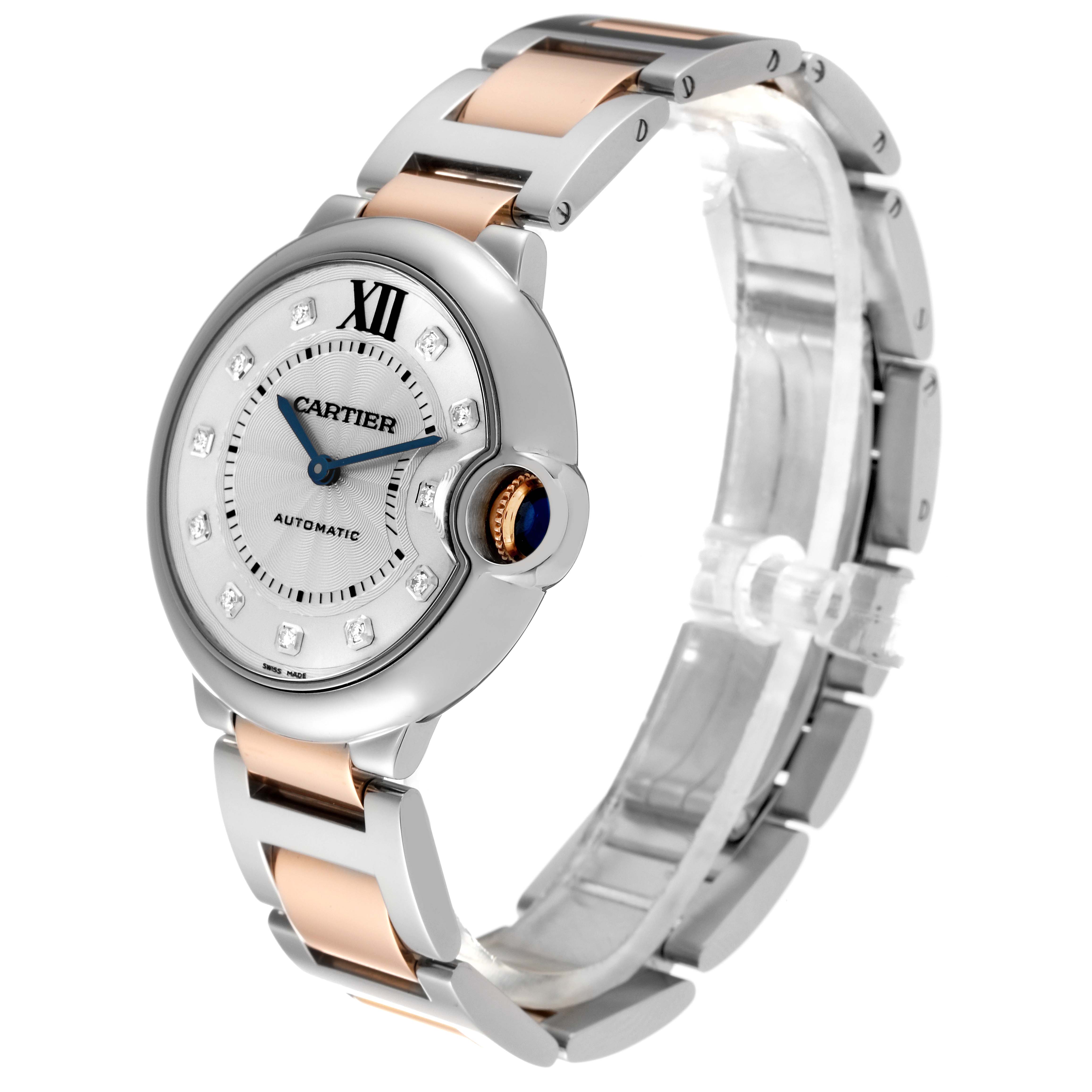 This image shows a side and front angle of the Cartier Ballon Bleu W3BB0018 Women's Steel and Gold (two tone) Silver Dial W3BB0018 Women's Steel and Gold (two tone) Silver Dial watch, highlighting its face, crown, and two-tone bracelet.