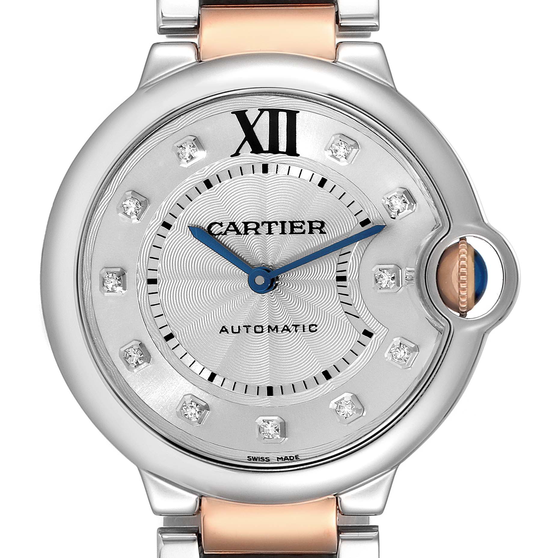 This image shows a close-up of the dial and part of the strap of a Cartier Ballon Bleu W3BB0018 Women's Steel and Gold (two tone) Silver Dial W3BB0018 Women's Steel and Gold (two tone) Silver Dial watch.