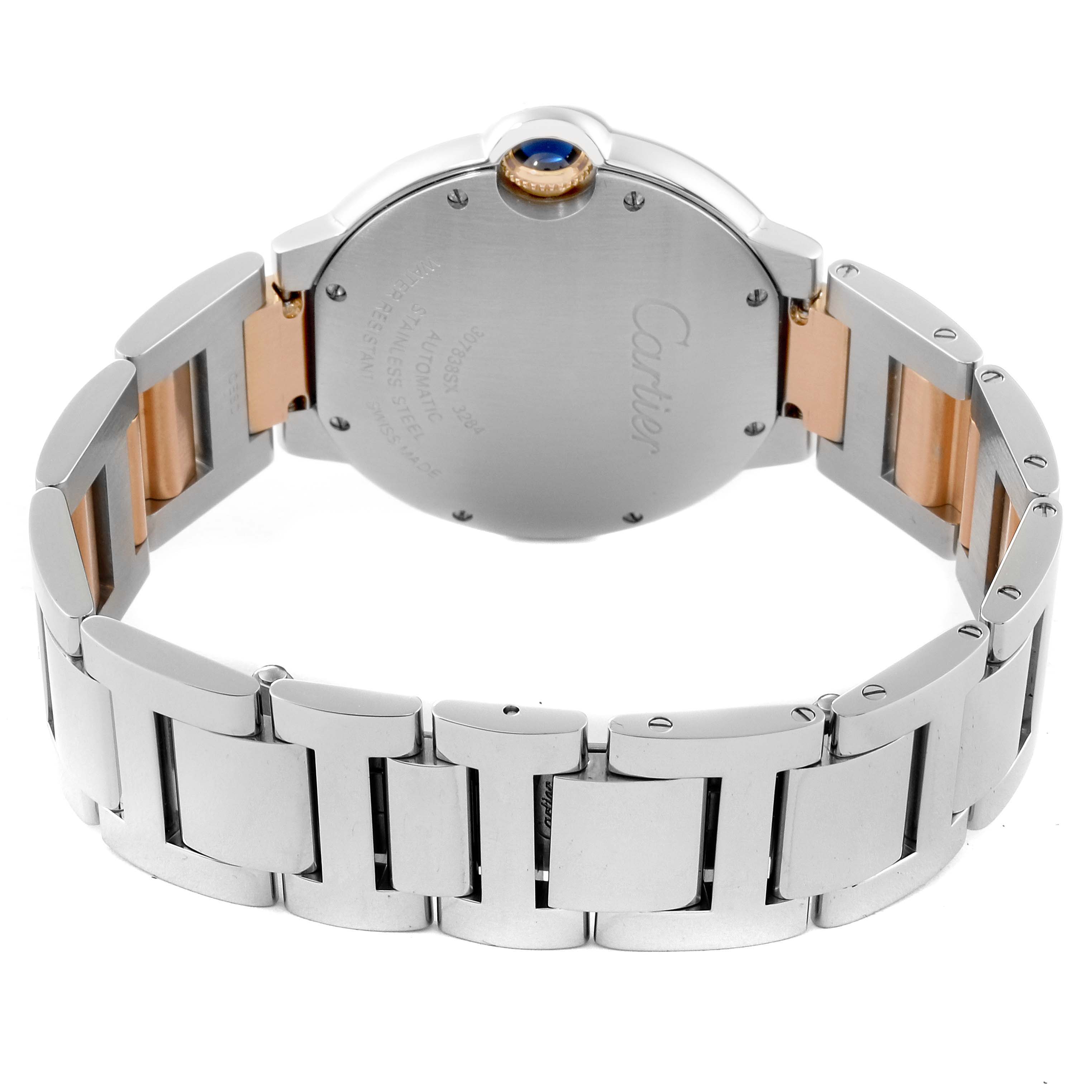 The image shows the back of the Cartier Ballon Bleu W3BB0018 Women's Steel and Gold (two tone) Silver Dial W3BB0018 Women's Steel and Gold (two tone) Silver Dial watch, highlighting its case back, bracelet, and crown.