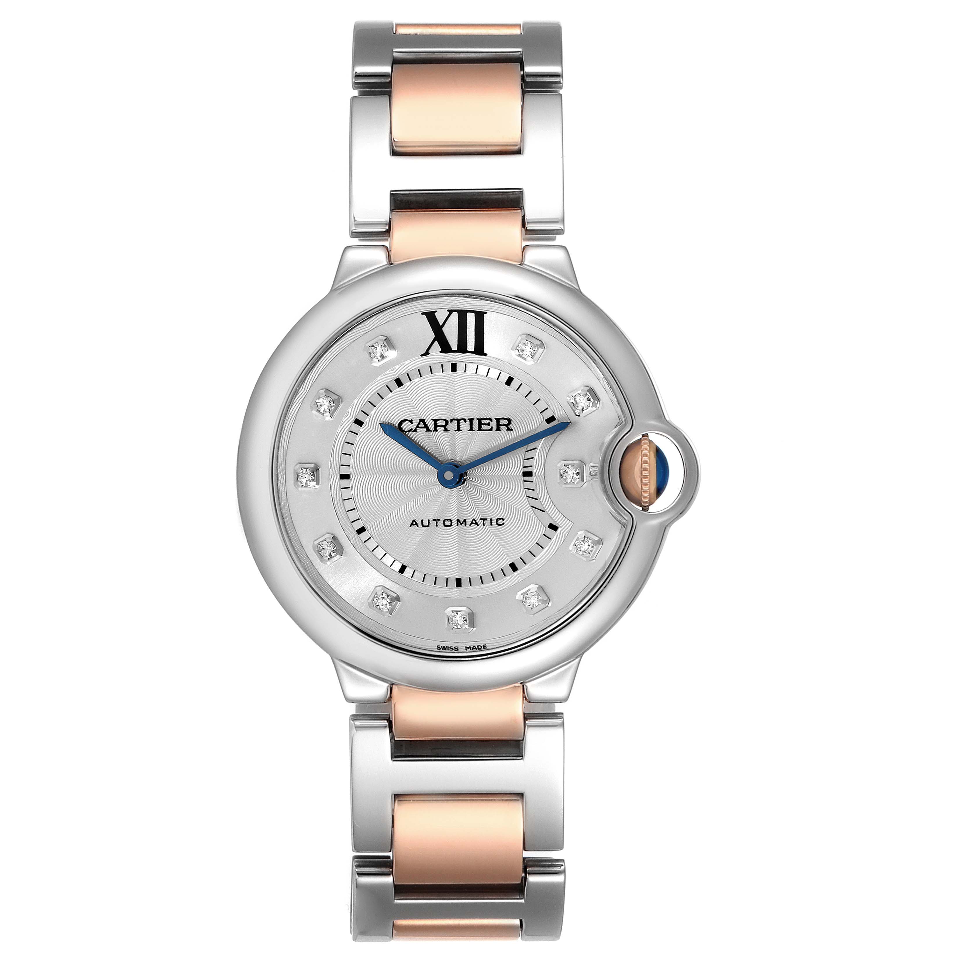 The image shows a front view of the Cartier Ballon Bleu W3BB0018 Women's Steel and Gold (two tone) Silver Dial W3BB0018 Women's Steel and Gold (two tone) Silver Dial watch, highlighting the face, bezel, and stainless steel and rose gold bracelet.