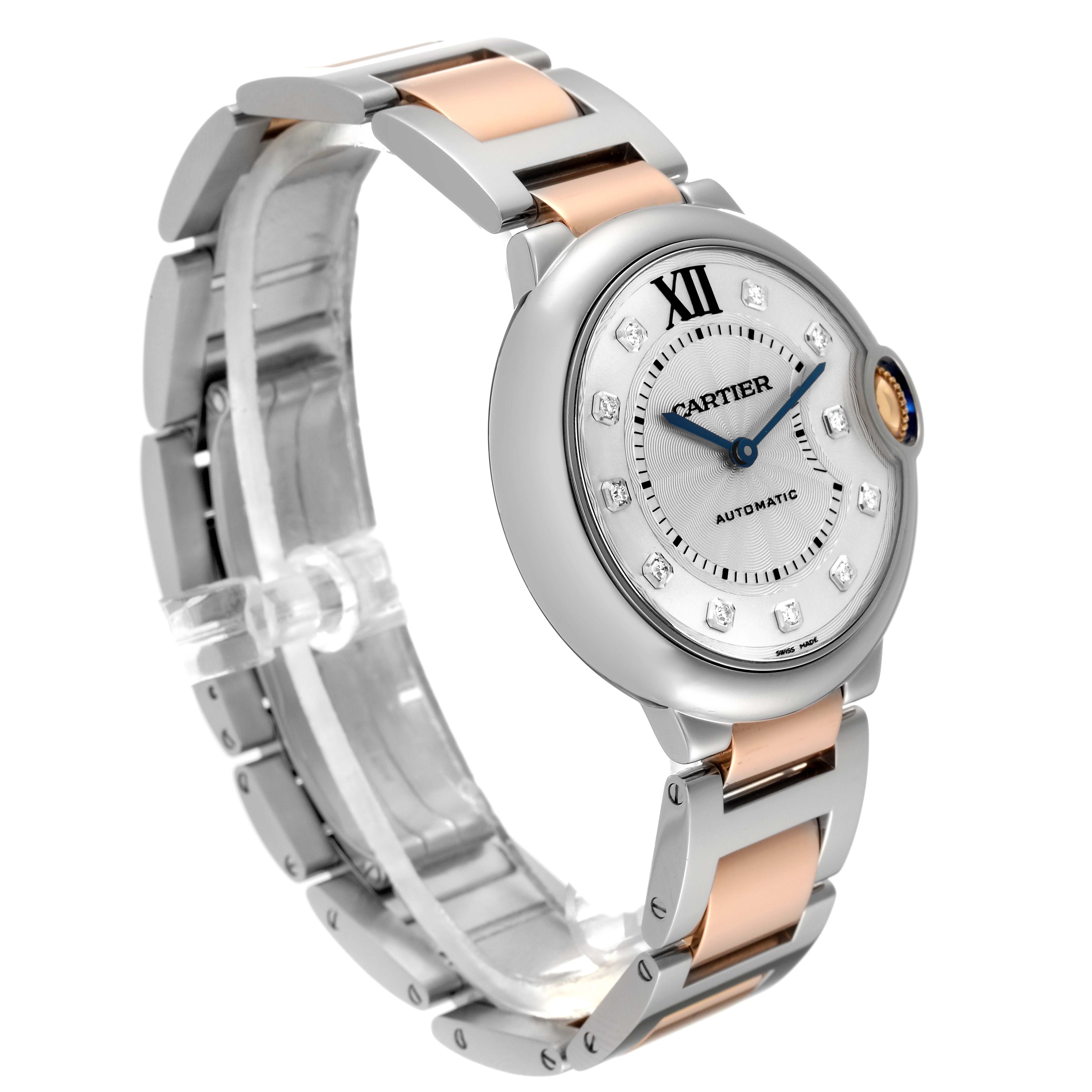 The image shows a Cartier Ballon Bleu W3BB0018 Women's Steel and Gold (two tone) Silver Dial W3BB0018 Women's Steel and Gold (two tone) Silver Dial watch angled slightly to the left, highlighting its two-tone bracelet and diamond-set dial.