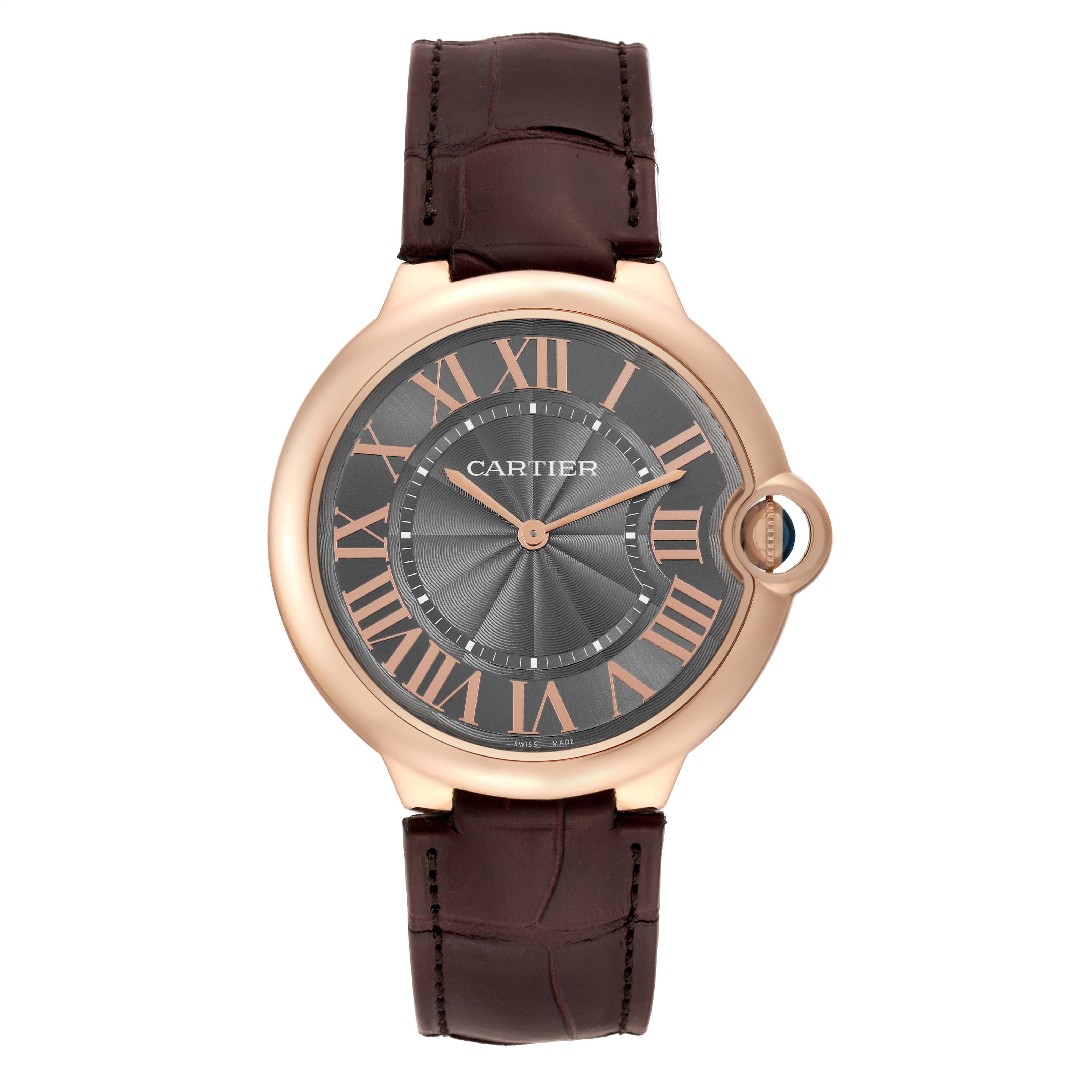 This image shows a Cartier Ballon Bleu W6920089 Men's Rose Gold Grey Dial W6920089 Men's Rose Gold Grey Dial watch from a front angle, highlighting the dial, case, and leather strap.