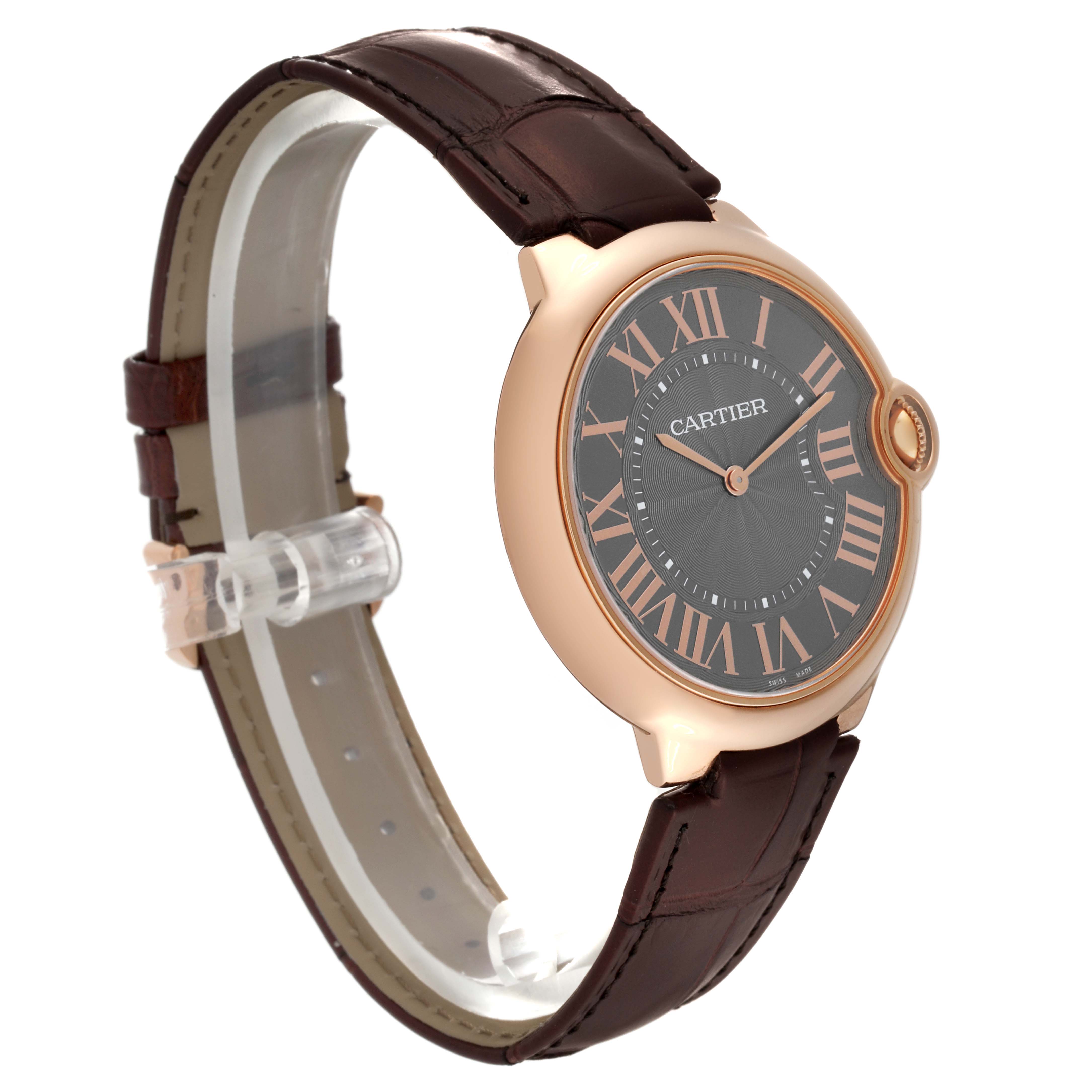 The image shows a Cartier Ballon Bleu W6920089 Men's Rose Gold Grey Dial W6920089 Men's Rose Gold Grey Dial watch angled slightly to display its face, straps, and a portion of the casing.