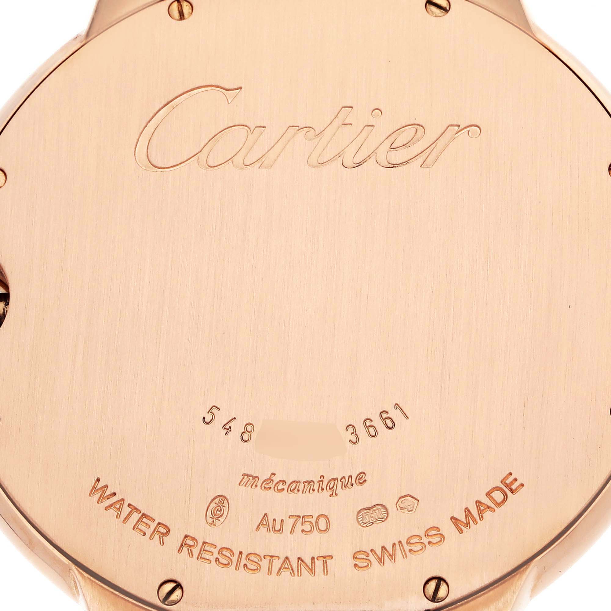 This image shows the back case of a Cartier Ballon Bleu W6920089 Men's Rose Gold Grey Dial W6920089 Men's Rose Gold Grey Dial watch, highlighting its engravings and screws.