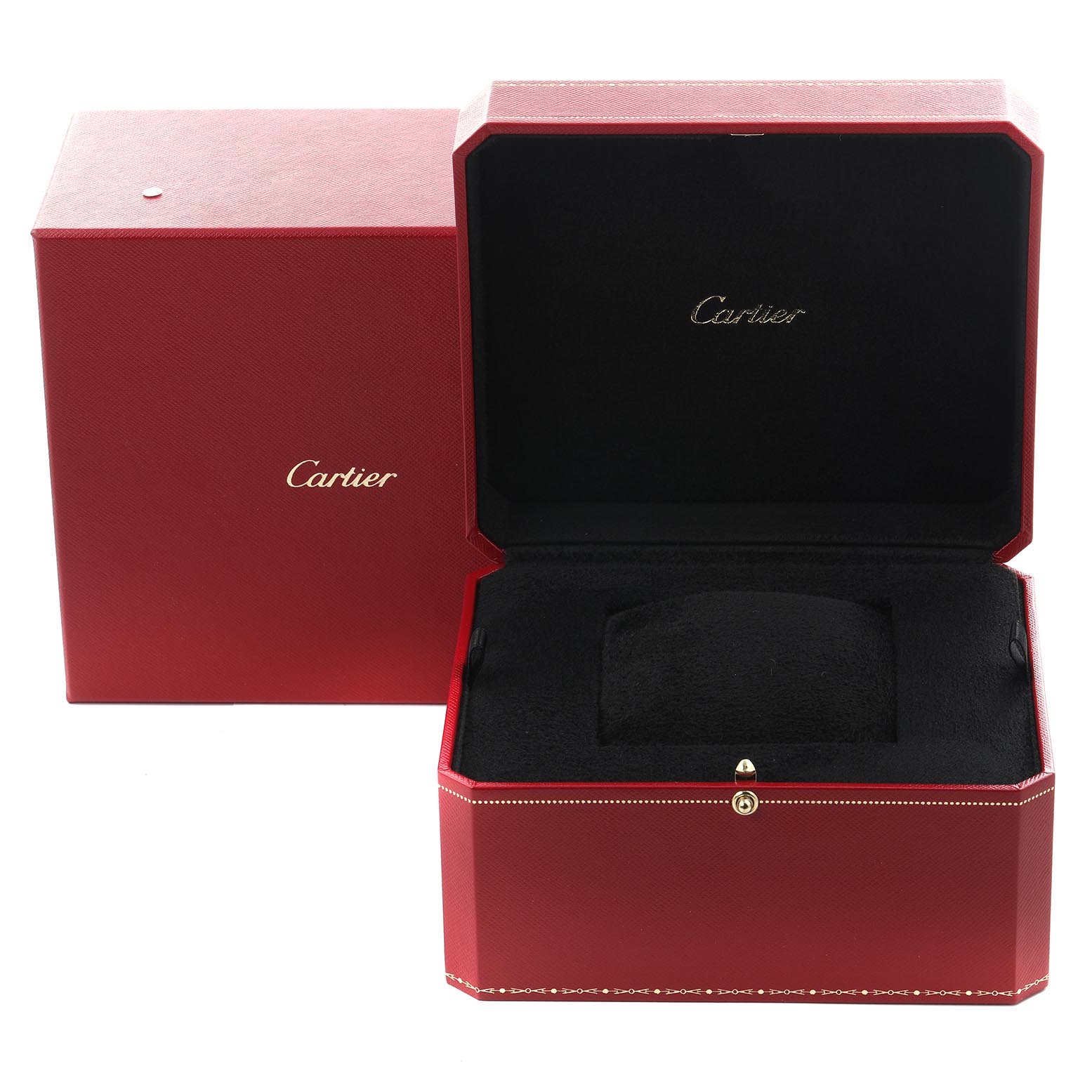 The image shows a Cartier Ballon Bleu W6920089 Men's Rose Gold Grey Dial W6920089 Men's Rose Gold Grey Dial watch box at an angle, displaying its red exterior and open interior with a black cushion.