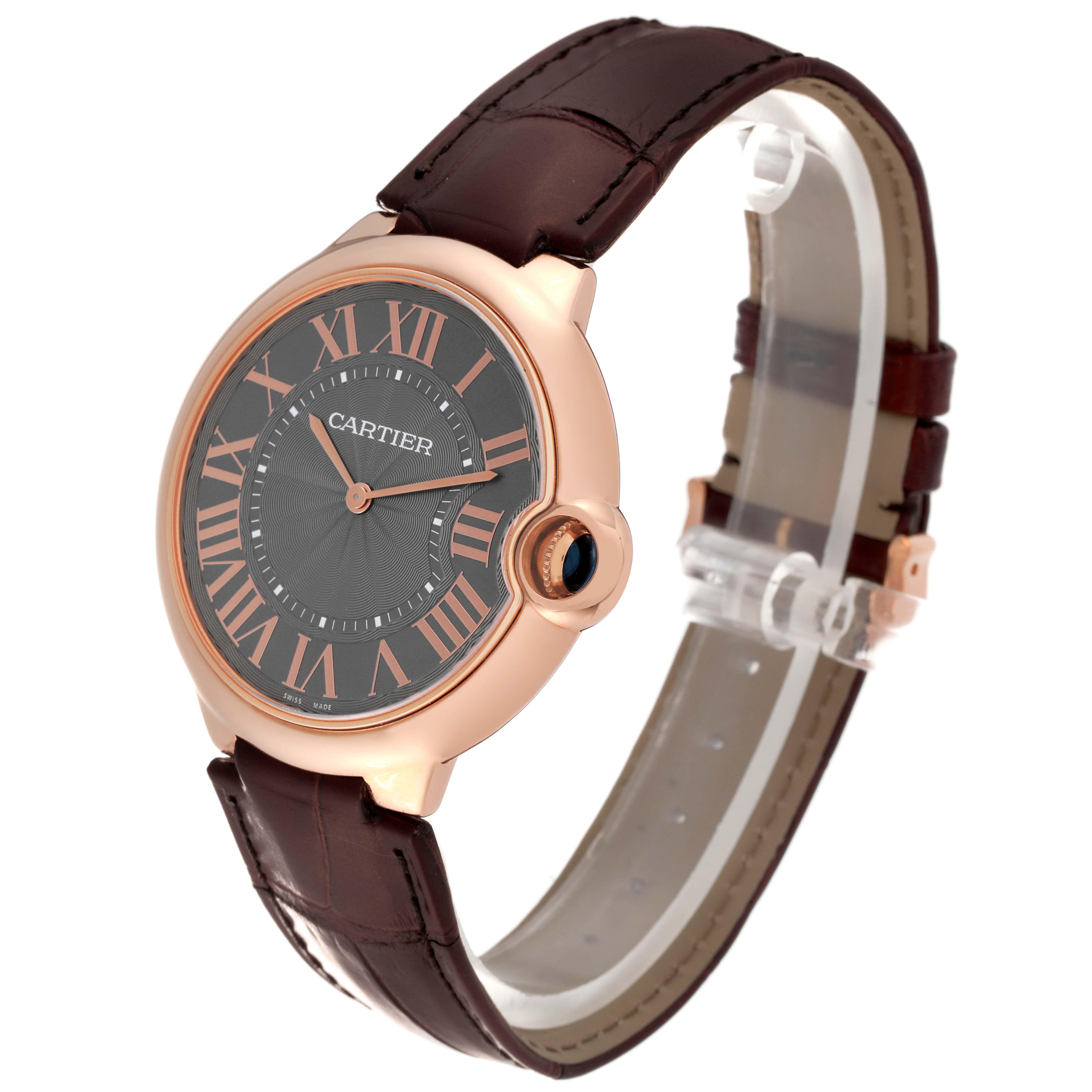The image shows a Cartier Ballon Bleu W6920089 Men's Rose Gold Grey Dial W6920089 Men's Rose Gold Grey Dial watch from an angled side view, highlighting its dial, strap, and crown.