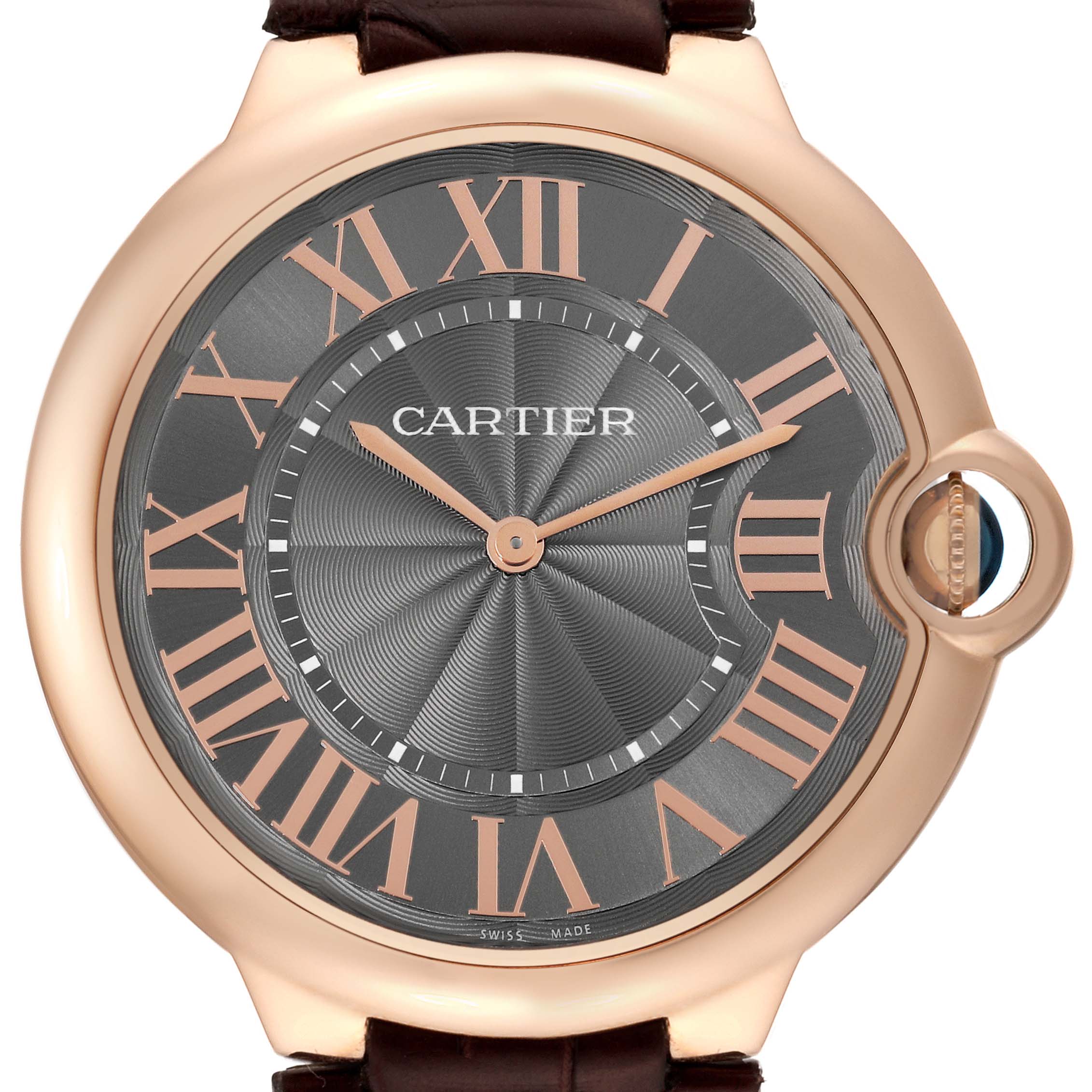The image shows a close-up, frontal view of a Ballon Bleu model by Cartier, highlighting the watch face and dial details.