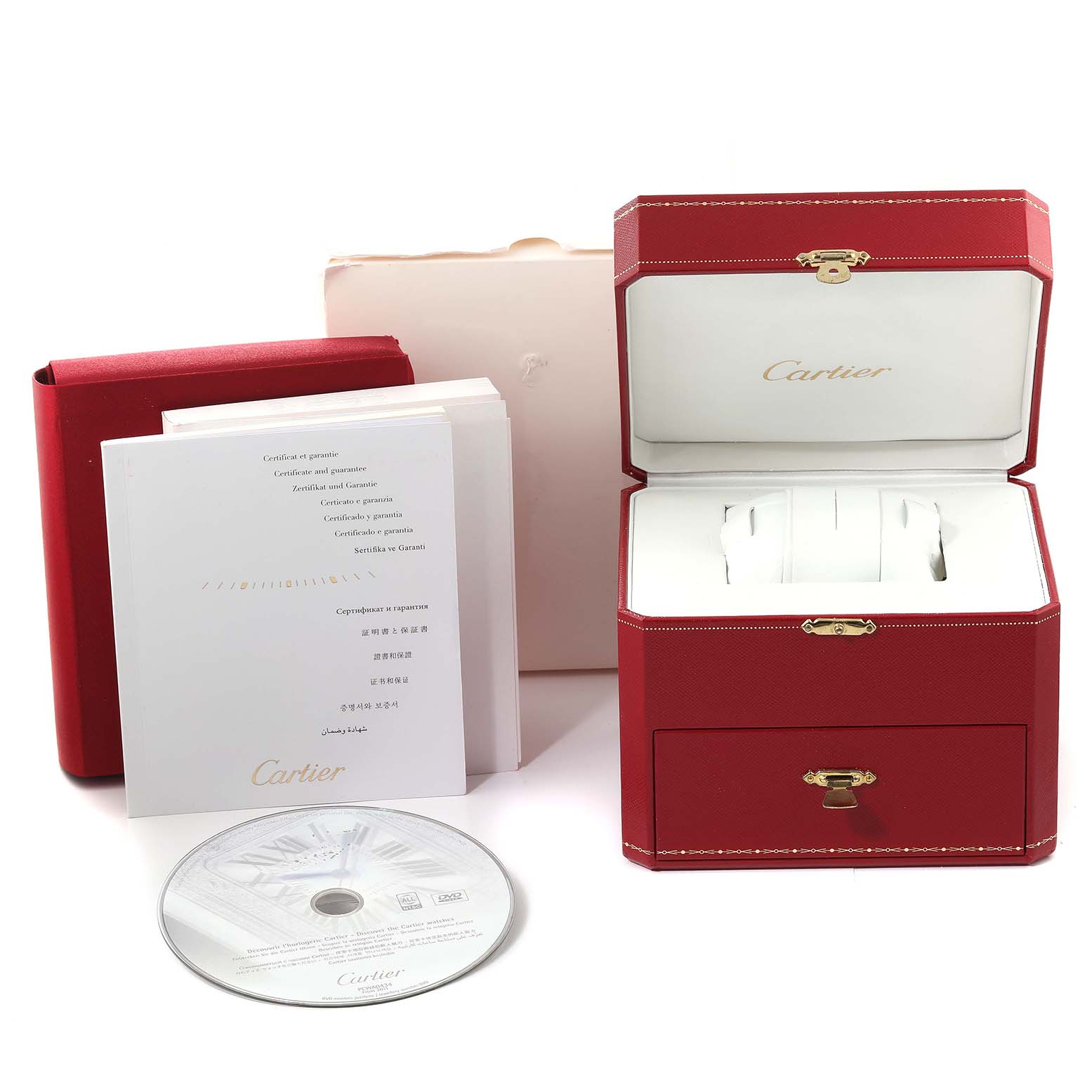 The image shows accessories for a Cartier Ballon Bleu W69001Z2 Women's Yellow Gold Silver Dial W69001Z2 Women's Yellow Gold Silver Dial watch, including a red-branded box, documentation, and a CD.