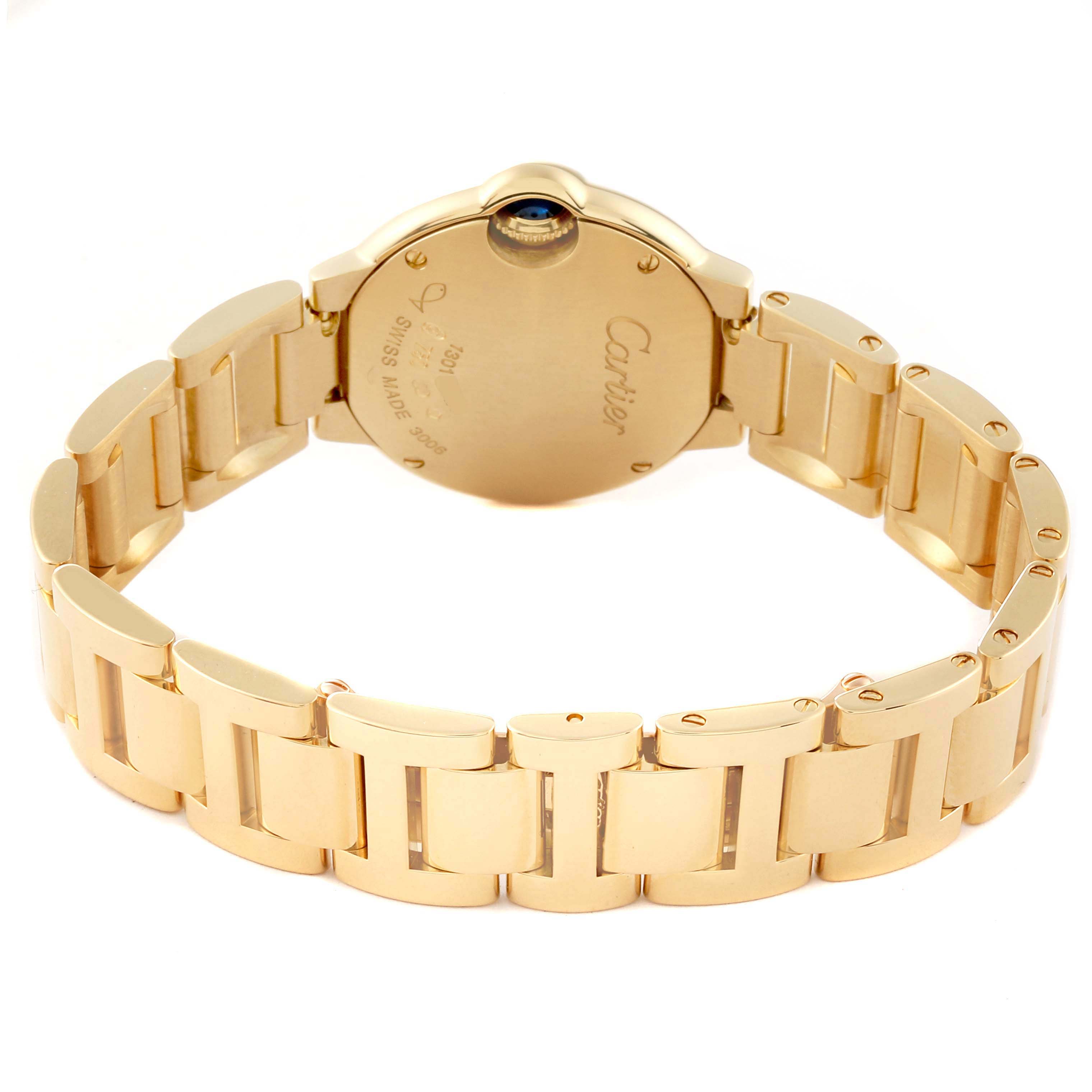 This image shows the back case and gold bracelet of the Ballon Bleu watch by Cartier from a horizontal angle.