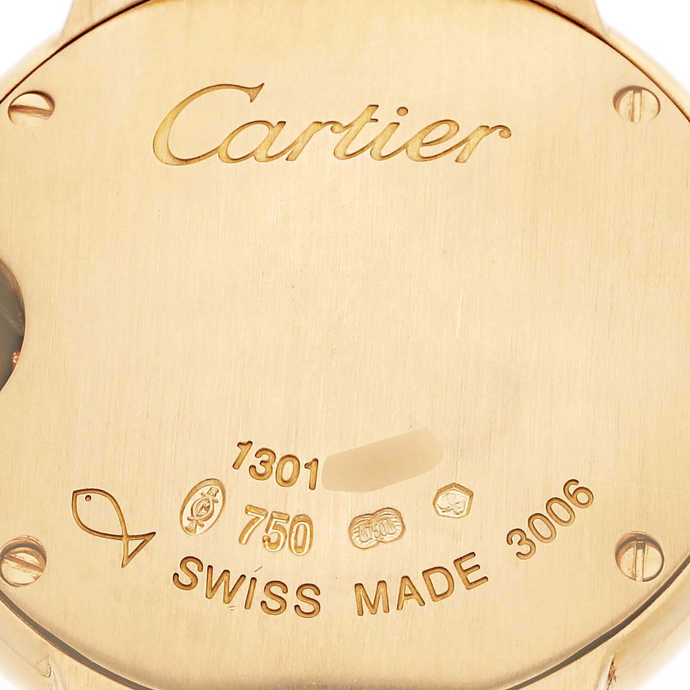 The image shows the back case of a Ballon Bleu model watch by Cartier engraved with branding and specifications.