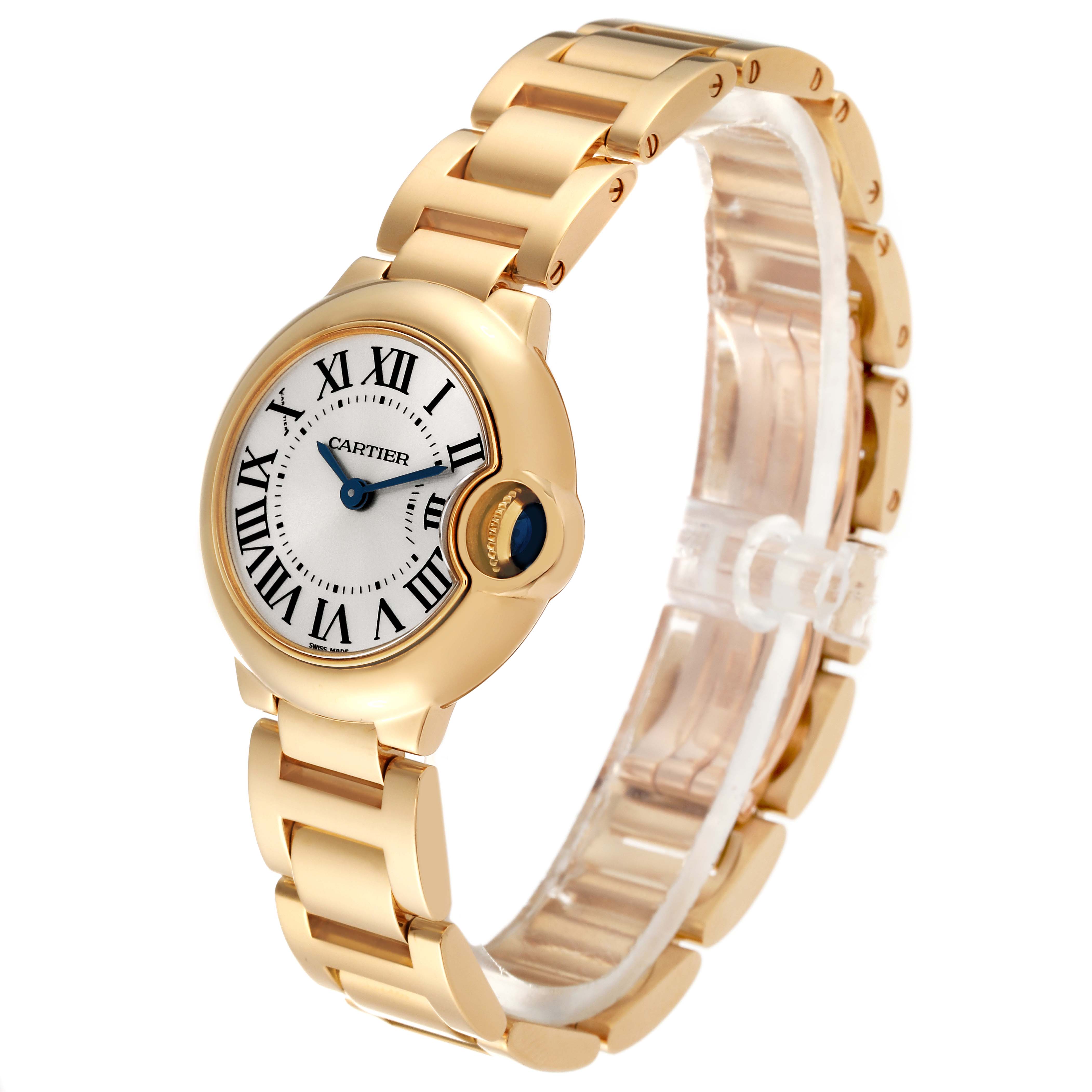 This is a frontal angled view of the Cartier Ballon Bleu W69001Z2 Women's Yellow Gold Silver Dial W69001Z2 Women's Yellow Gold Silver Dial watch, showcasing its face, crown, and bracelet.