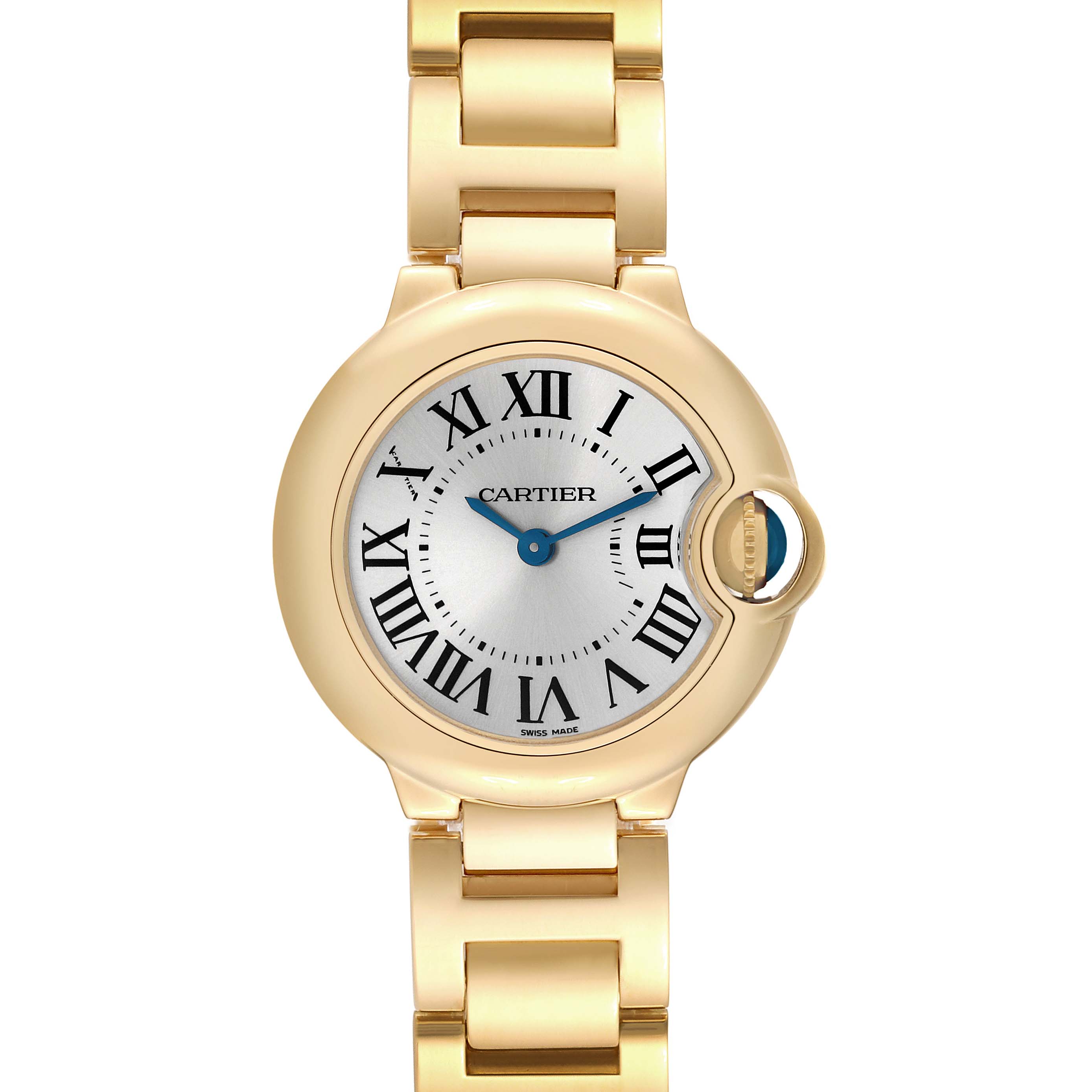 The image shows a front view of the Cartier Ballon Bleu W69001Z2 Women's Yellow Gold Silver Dial W69001Z2 Women's Yellow Gold Silver Dial watch, displaying its face and part of the gold bracelet.