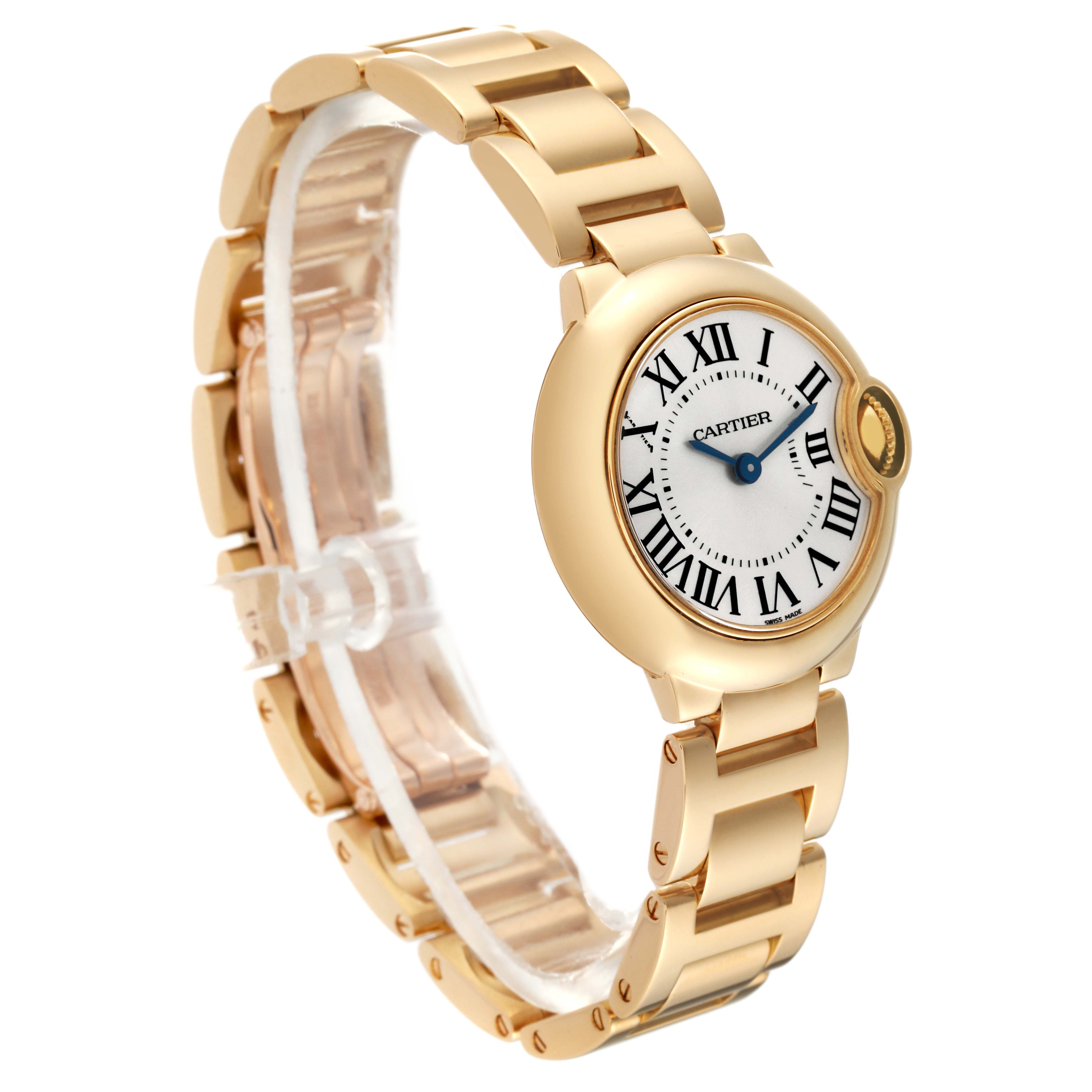 The image shows a side and front view of the Cartier Ballon Bleu W69001Z2 Women's Yellow Gold Silver Dial W69001Z2 Women's Yellow Gold Silver Dial watch, featuring its dial, bracelet, and crown.