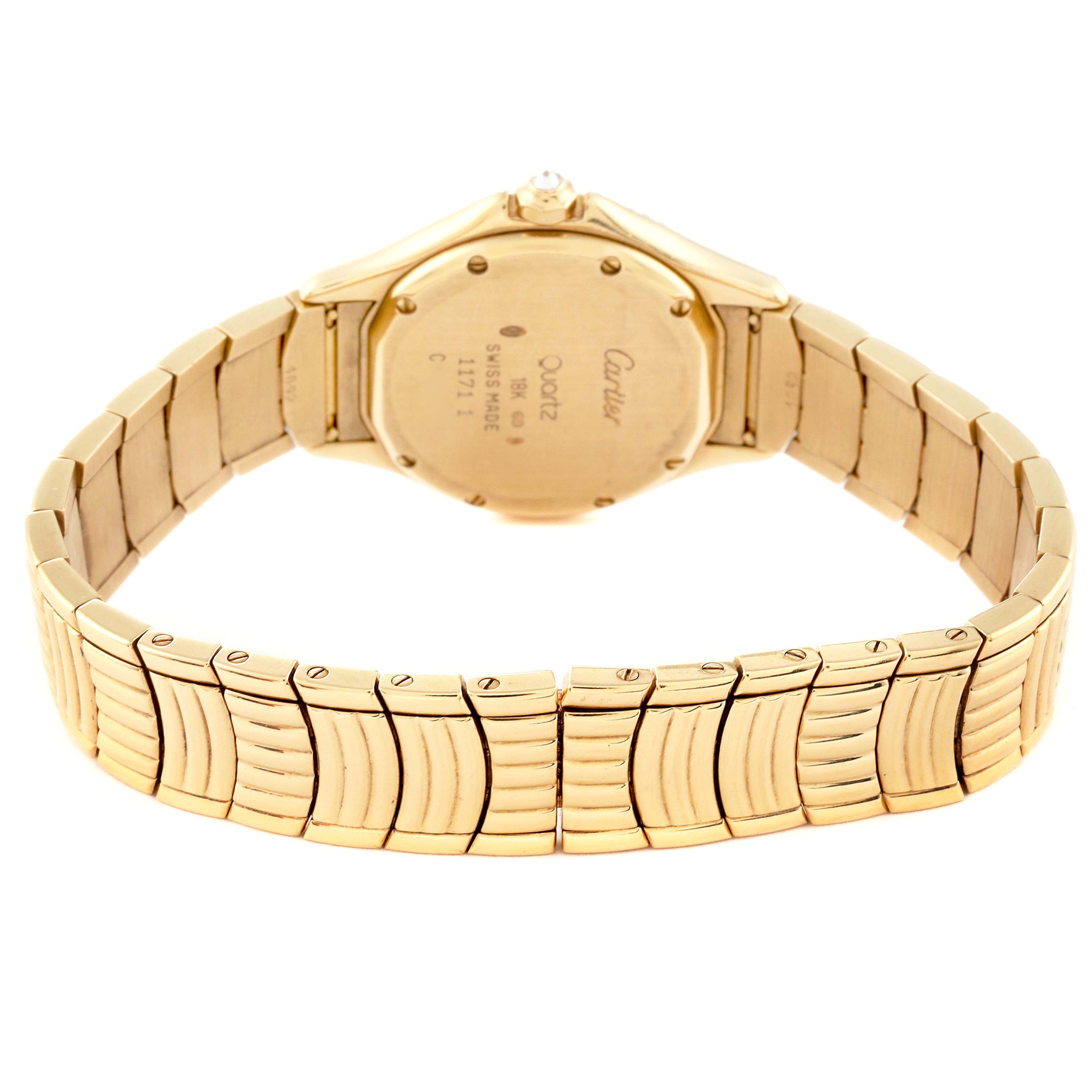 The image shows the rear view of the gold bracelet and case back of a Cartier Panthere 1171 1 Women's Yellow Gold Silver Dial 1171 1 Women's Yellow Gold Silver Dial model watch.