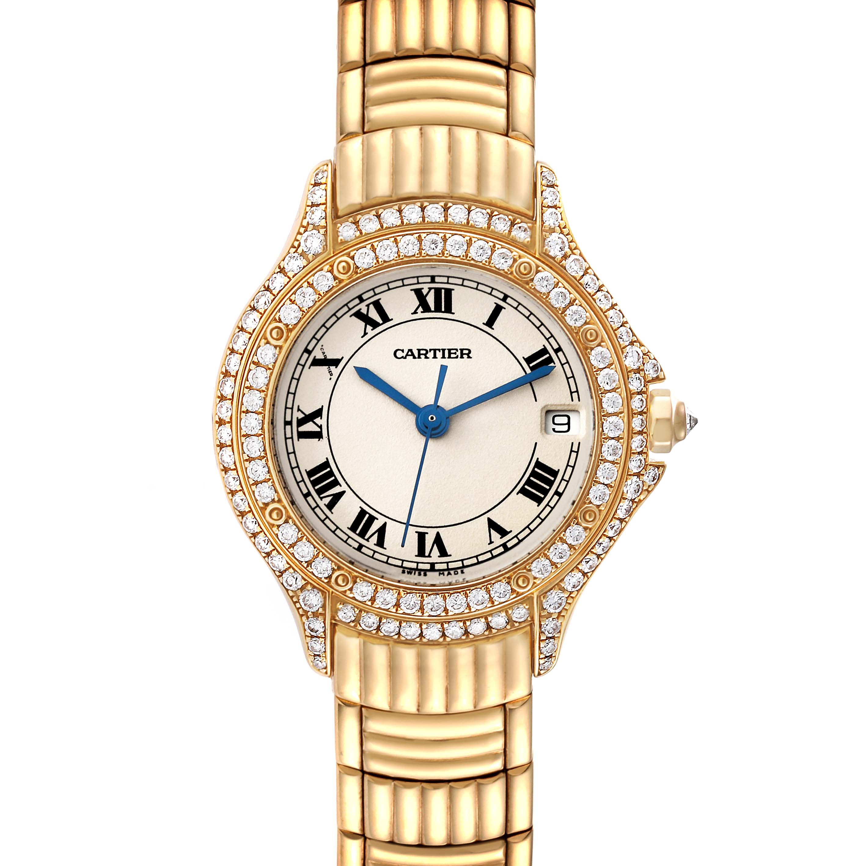 The image shows a front view of the Cartier Panthere 1171 1 Women's Yellow Gold Silver Dial 1171 1 Women's Yellow Gold Silver Dial watch, highlighting the gold case, diamond bezel, and Roman numeral dial.