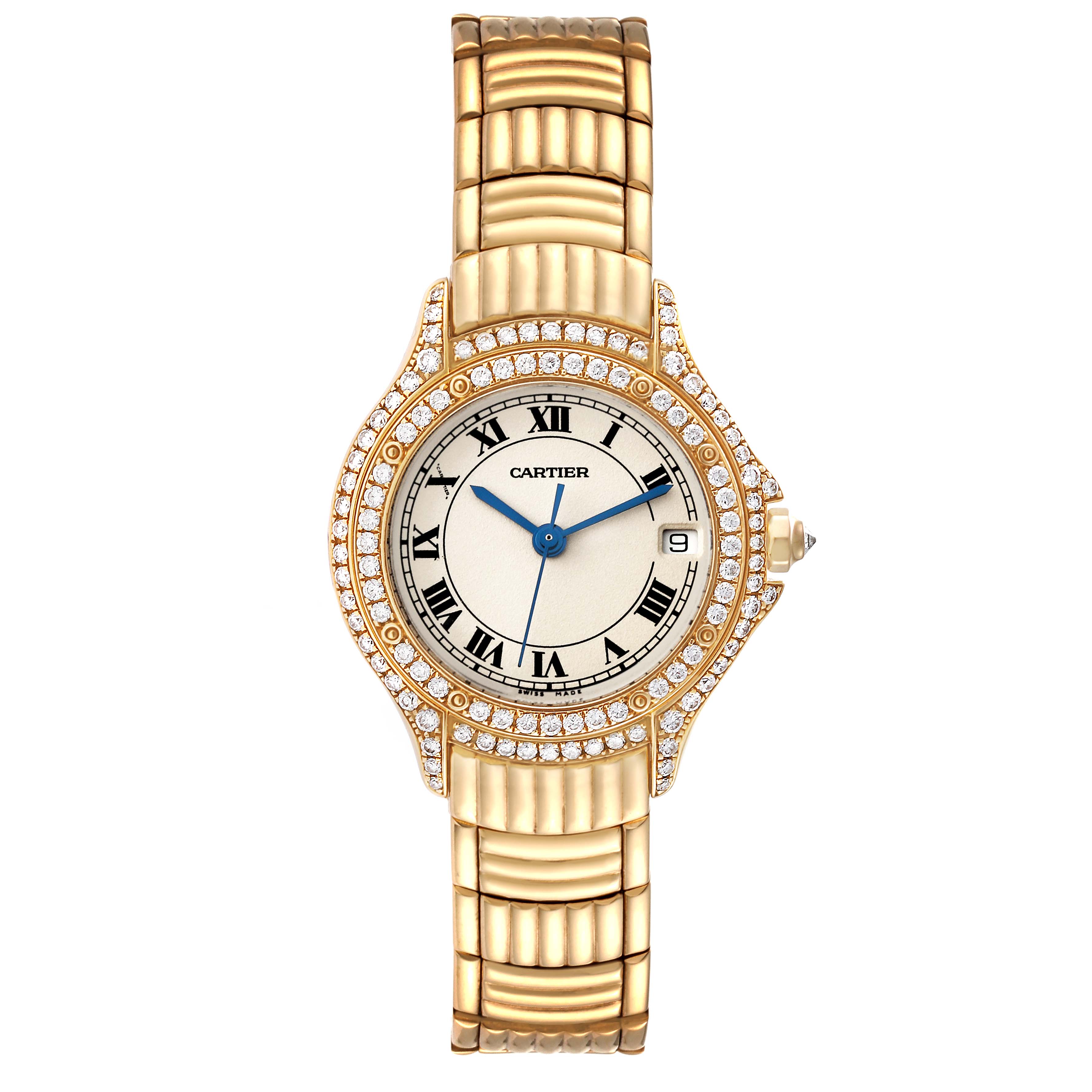 This image shows a front view of a Cartier Panthere 1171 1 Women's Yellow Gold Silver Dial 1171 1 Women's Yellow Gold Silver Dial model watch, highlighting its gold band and diamond-encrusted bezel.