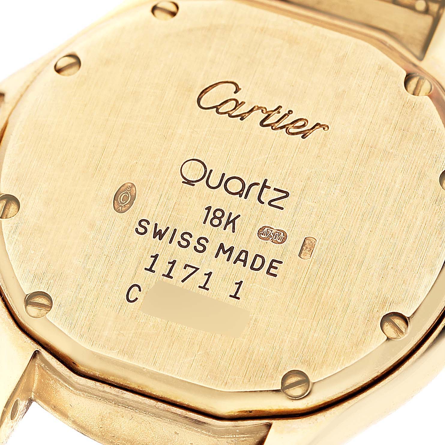 This image shows the back case of a Cartier Panthere 1171 1 Women's Yellow Gold Silver Dial 1171 1 Women's Yellow Gold Silver Dial watch, displaying markings such as "Quartz," "18K," and "Swiss Made."