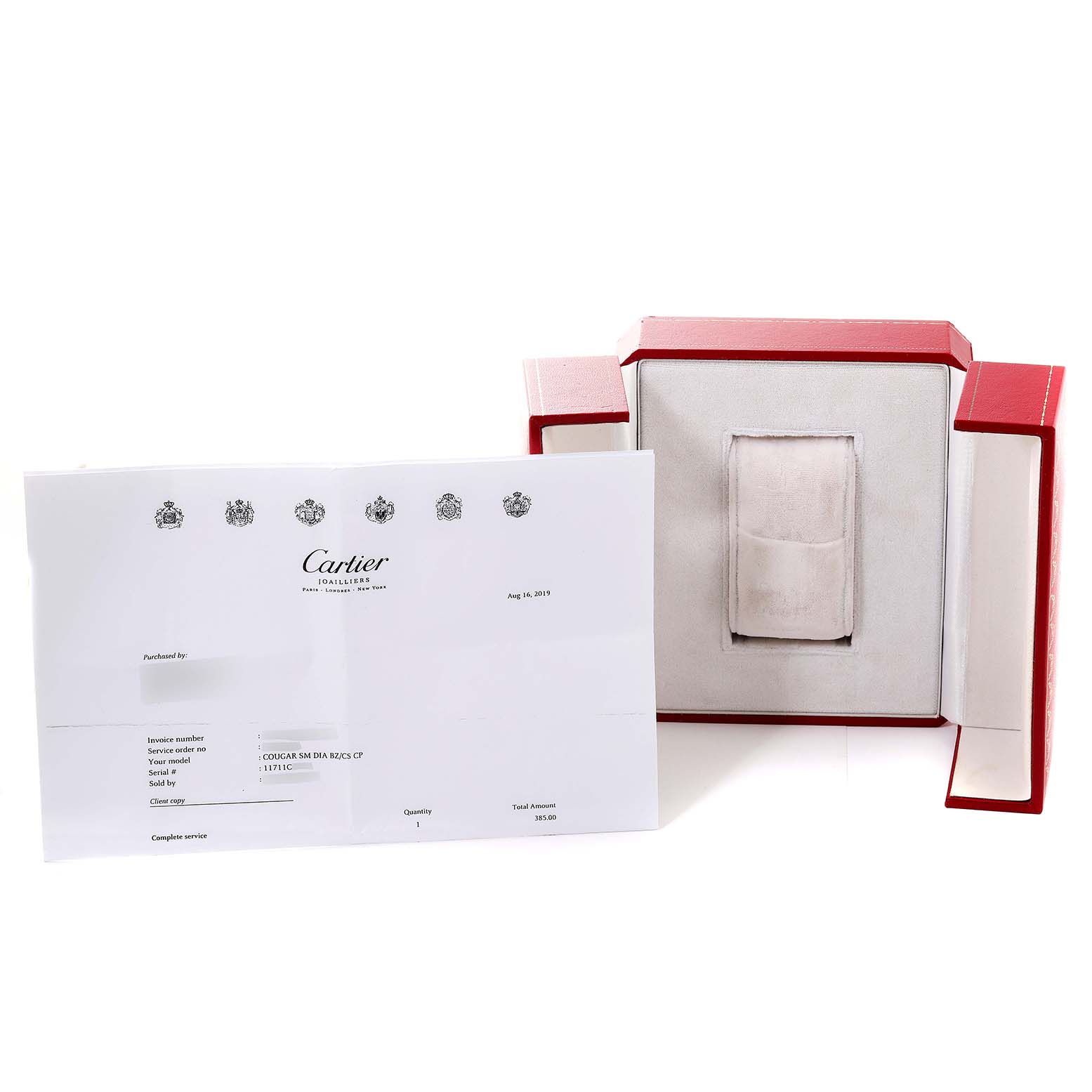 The image shows a Cartier Panthere 1171 1 Women's Yellow Gold Silver Dial 1171 1 Women's Yellow Gold Silver Dial watch box and accompanying paperwork, including purchase details.