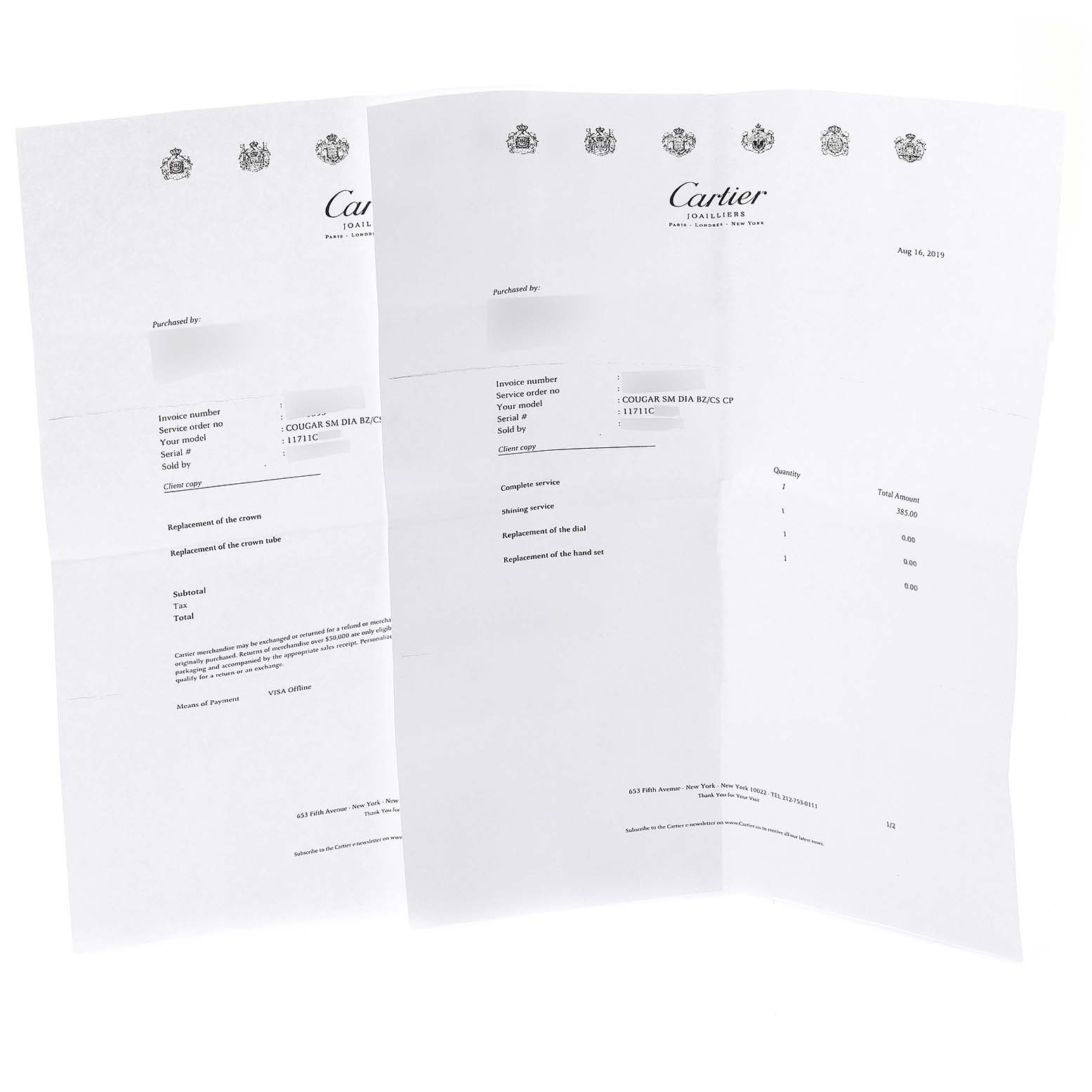 The image shows service documents for the Panthere model by Cartier.