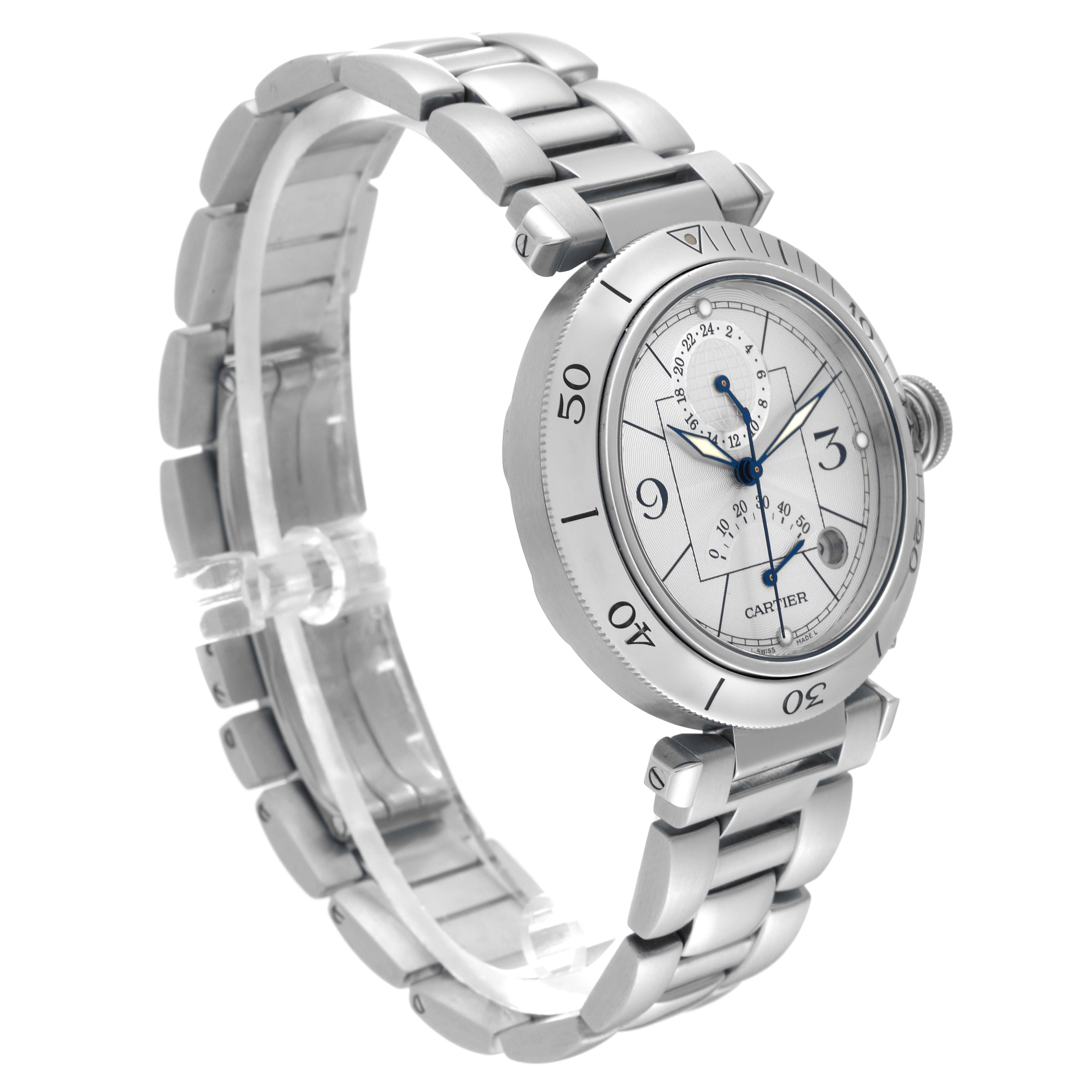 The Cartier Pasha W31037H3 Men's Stainless Steel Silver Dial W31037H3 Men's Stainless Steel Silver Dial watch is shown from a three-quarter angle, highlighting the face, bezel, bracelet, and crown.