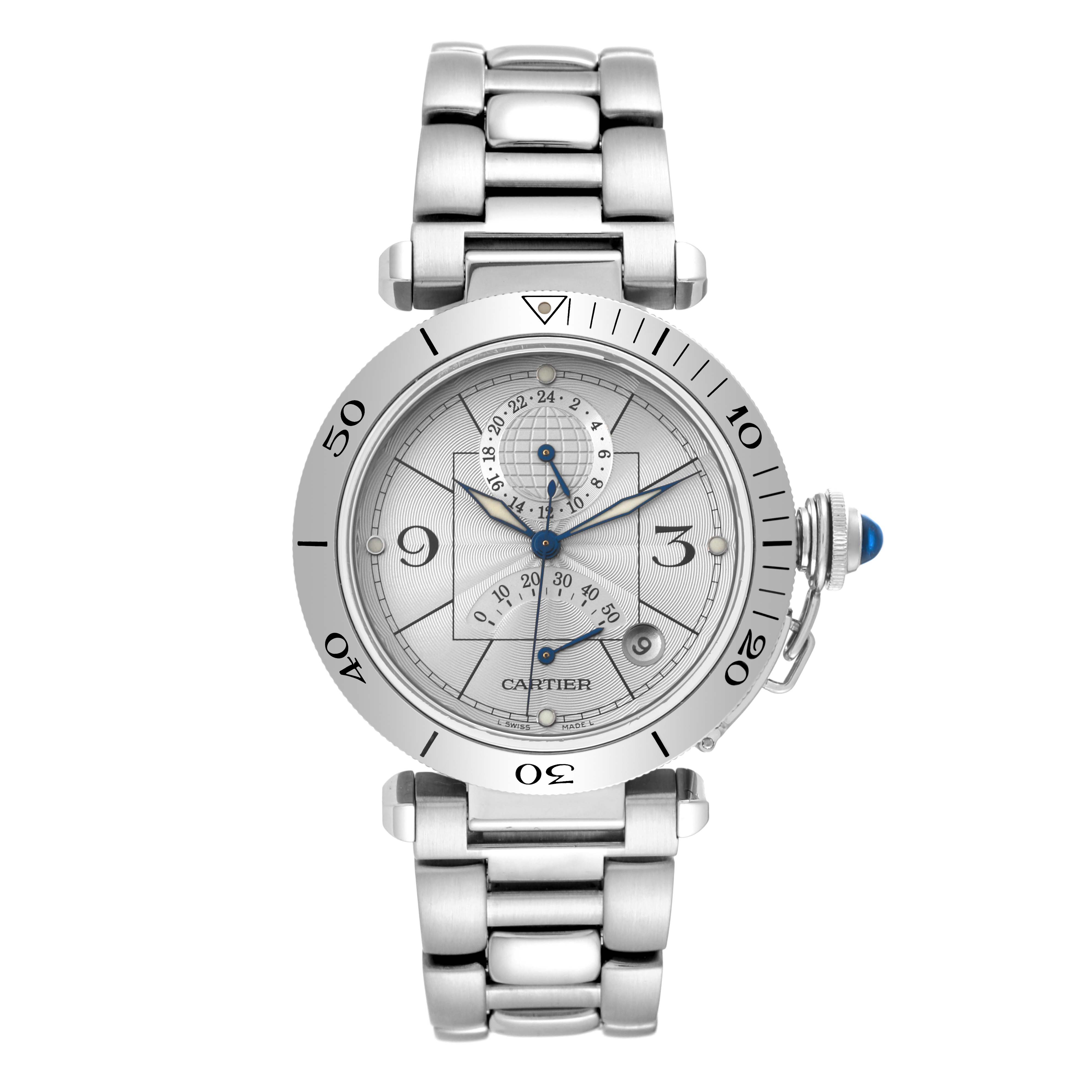 The image shows a front view of a Cartier Pasha W31037H3 Men's Stainless Steel Silver Dial W31037H3 Men's Stainless Steel Silver Dial watch, displaying its dial, bezel, bracelet, and crown.