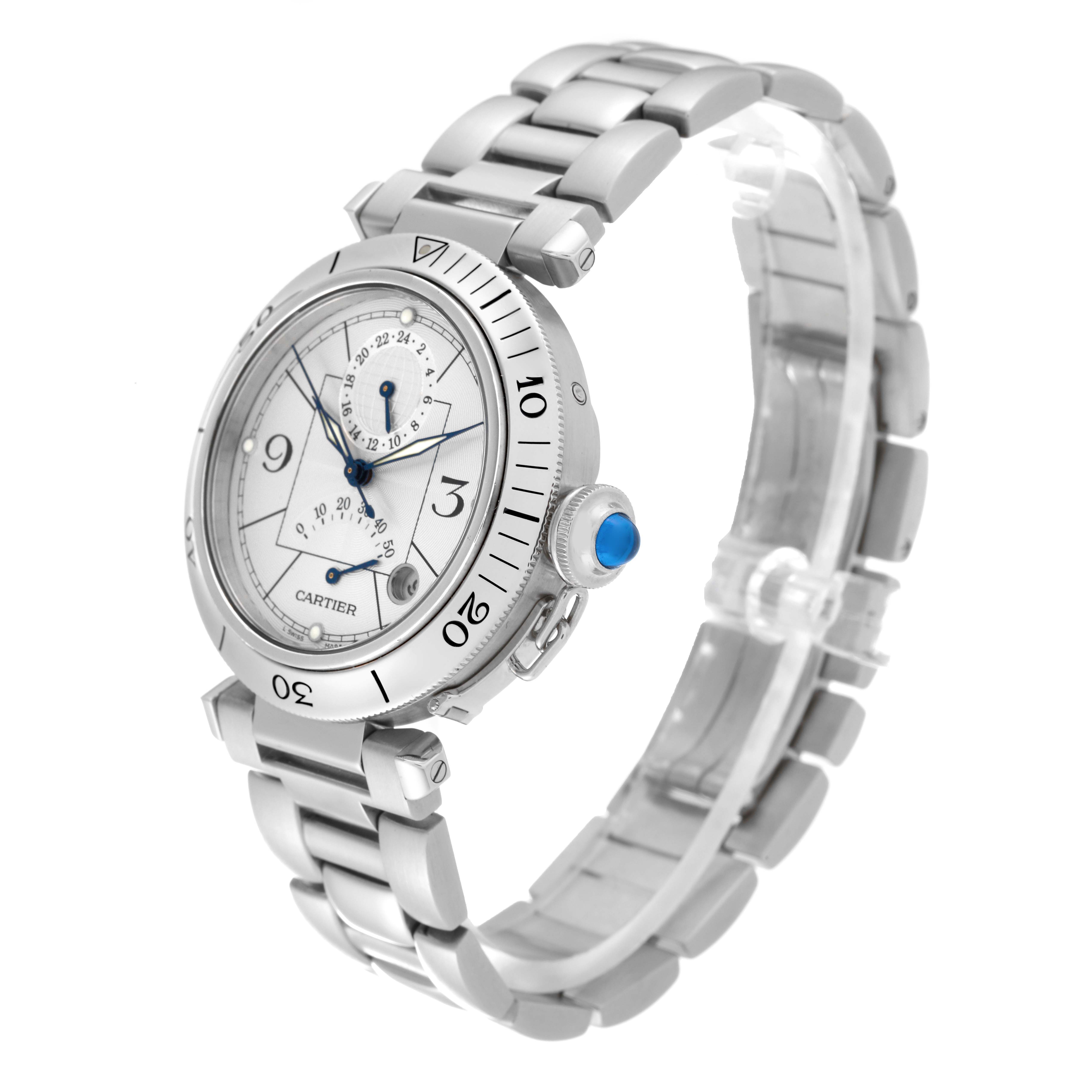 This image shows a side angle of a Pasha model by Cartier, highlighting its silver bezel, dial, and metal bracelet.