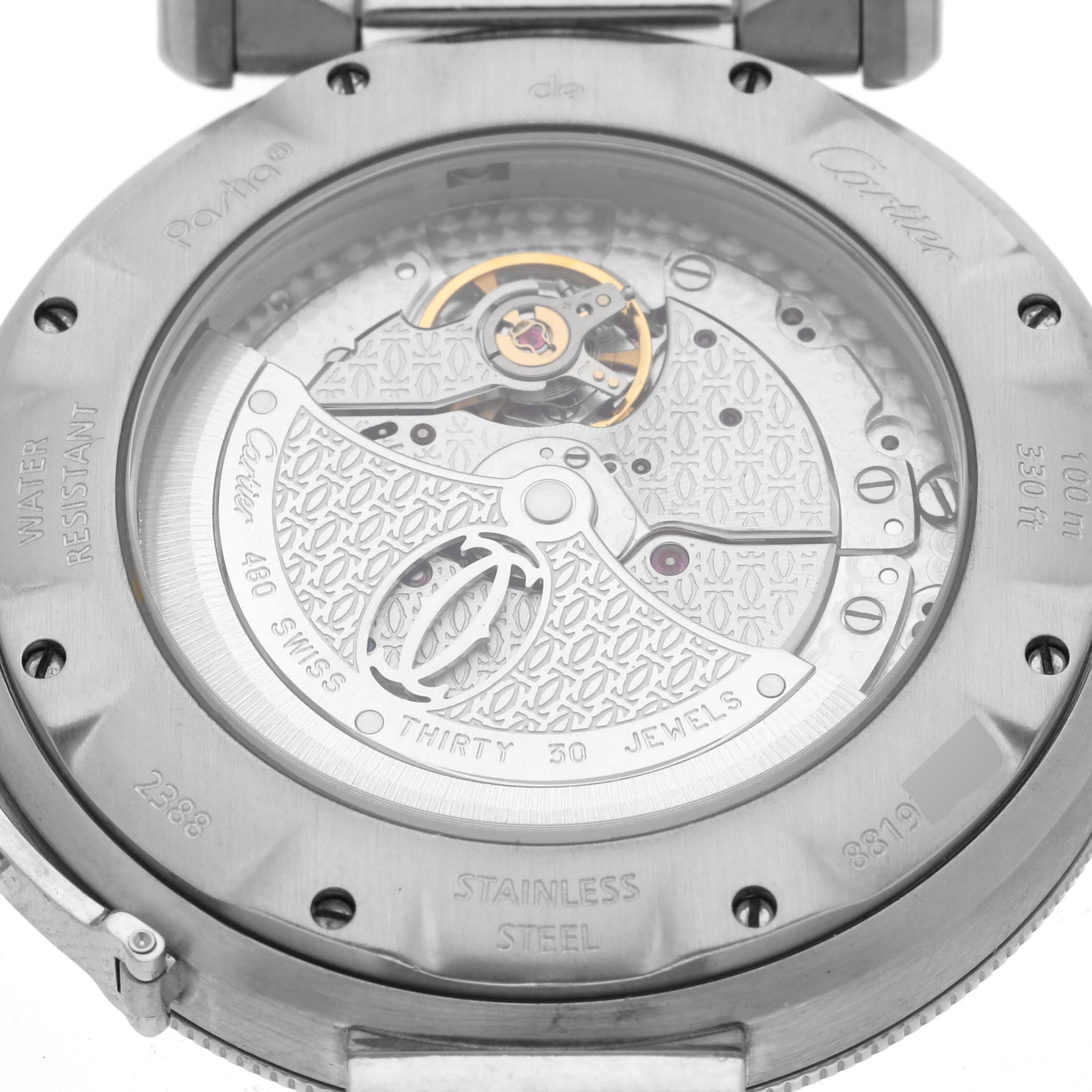 This image shows the back view of the Cartier Pasha W31037H3 Men's Stainless Steel Silver Dial W31037H3 Men's Stainless Steel Silver Dial watch, highlighting its movement and intricate internal components.