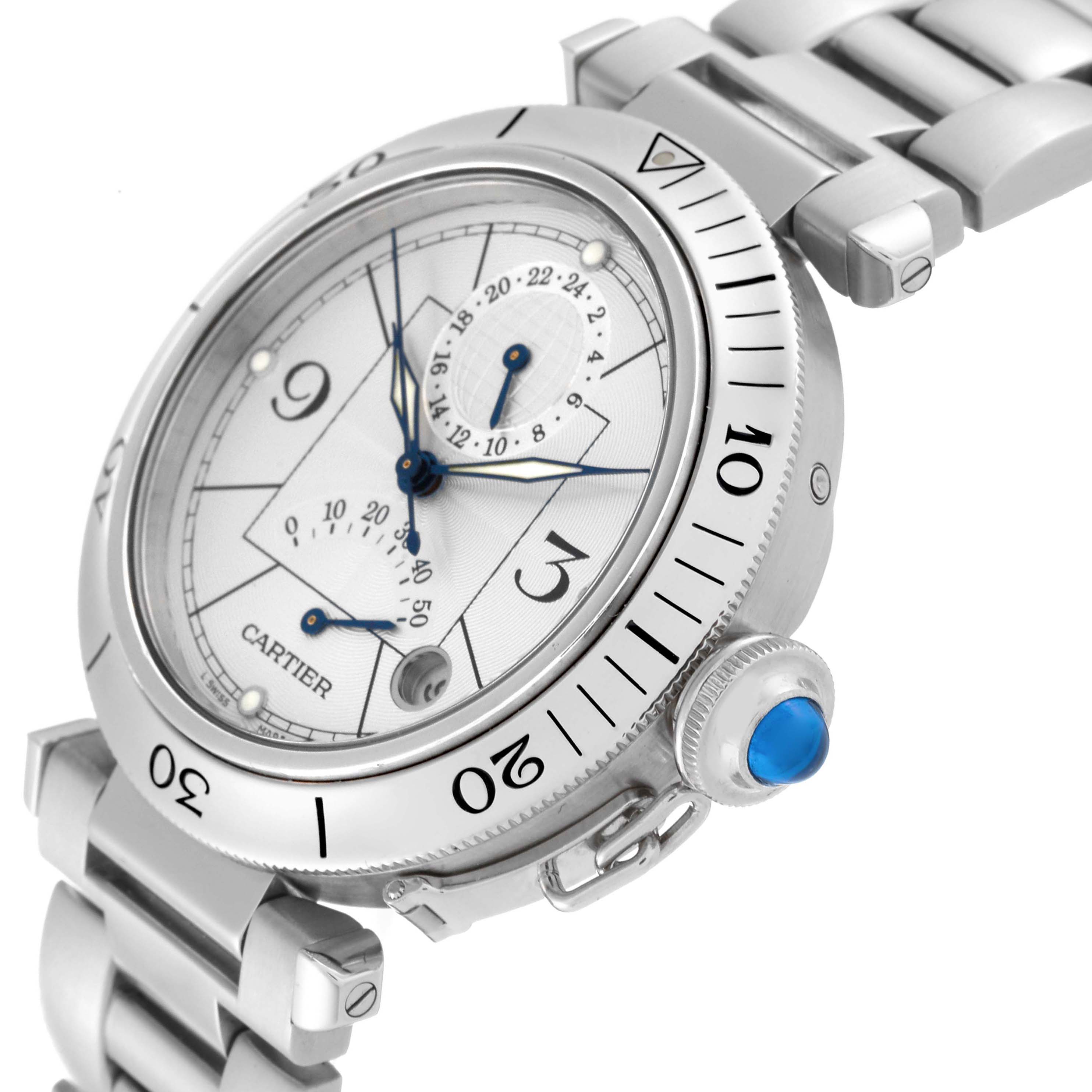This image shows an angled view of a Cartier Pasha W31037H3 Men's Stainless Steel Silver Dial W31037H3 Men's Stainless Steel Silver Dial watch highlighting the dial, bezel, crown, and part of the bracelet.