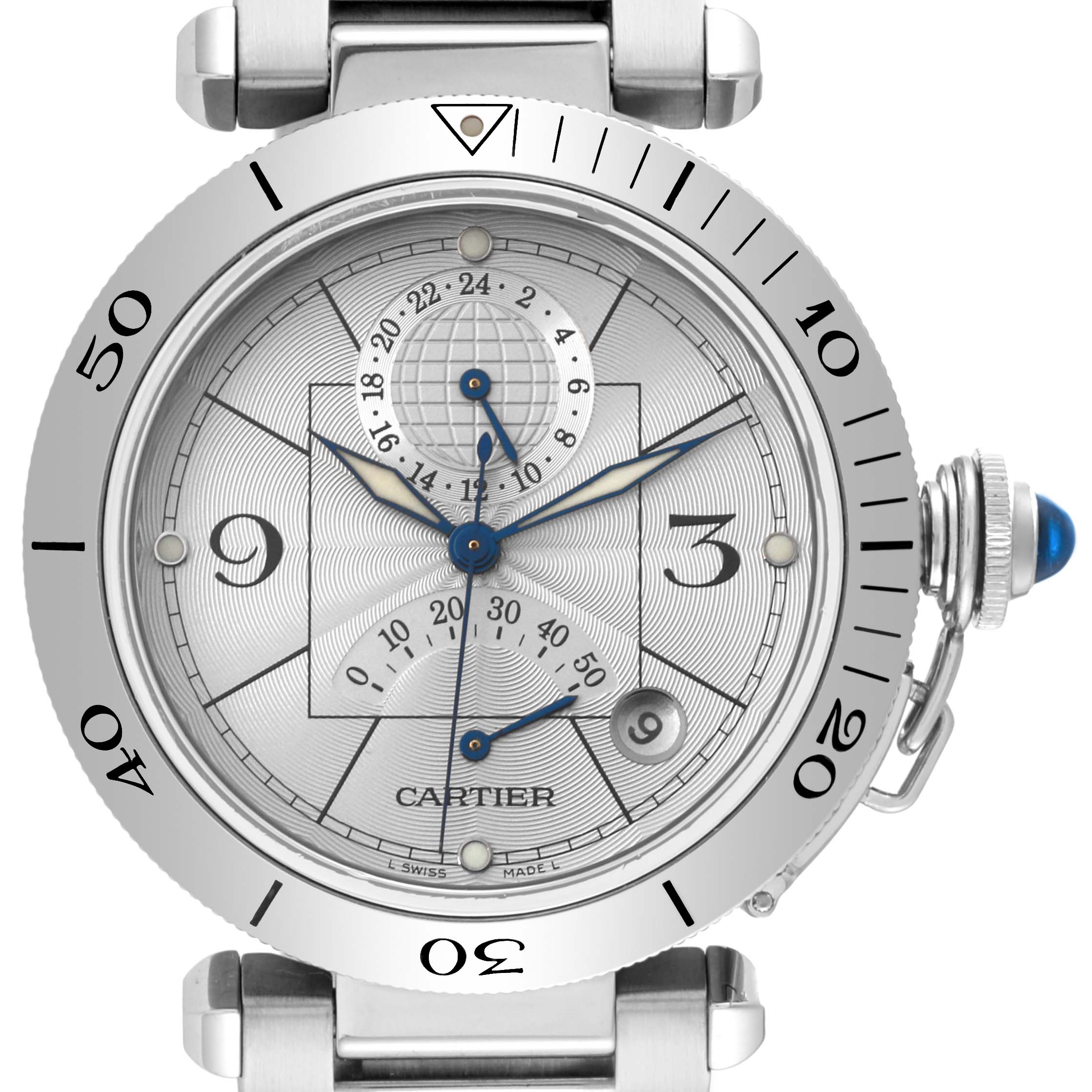 The image shows a front view of the Cartier Pasha W31037H3 Men's Stainless Steel Silver Dial W31037H3 Men's Stainless Steel Silver Dial watch, displaying its round face, bezel, hands, and crown.