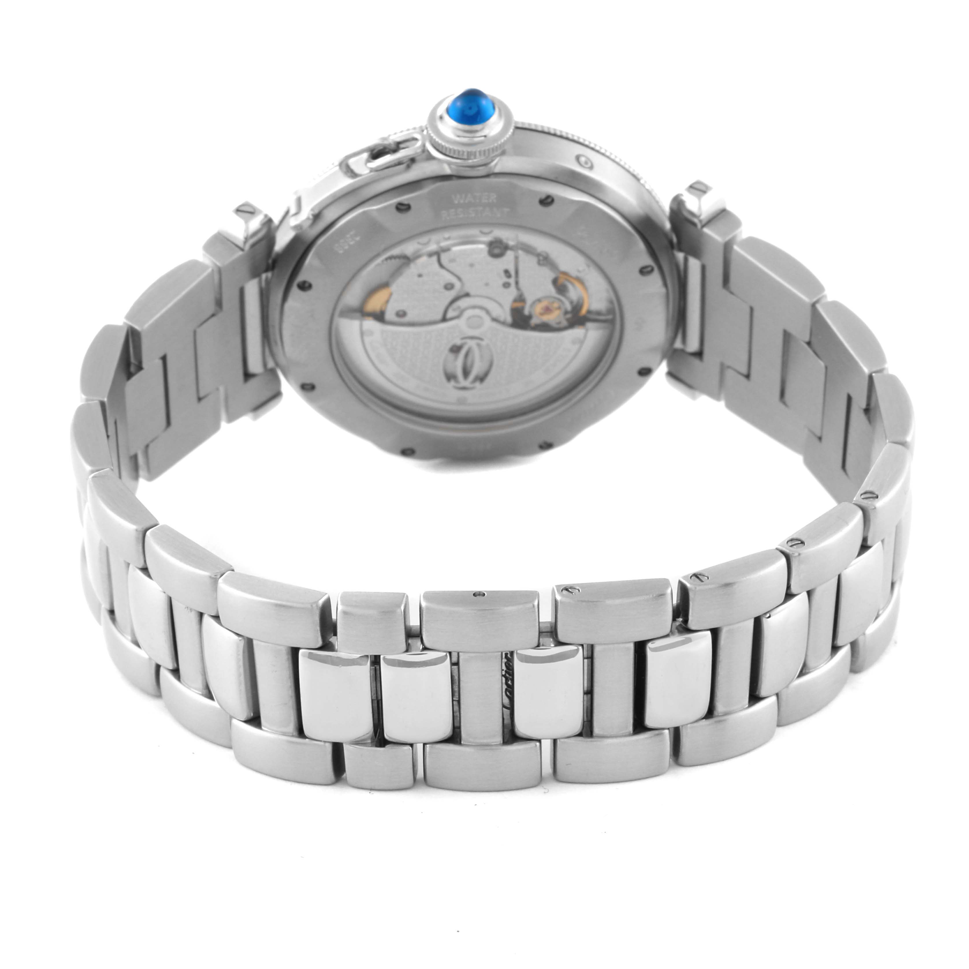 The image shows the back view of a Cartier Pasha W31037H3 Men's Stainless Steel Silver Dial W31037H3 Men's Stainless Steel Silver Dial watch, highlighting the stainless steel bracelet and transparent case back.