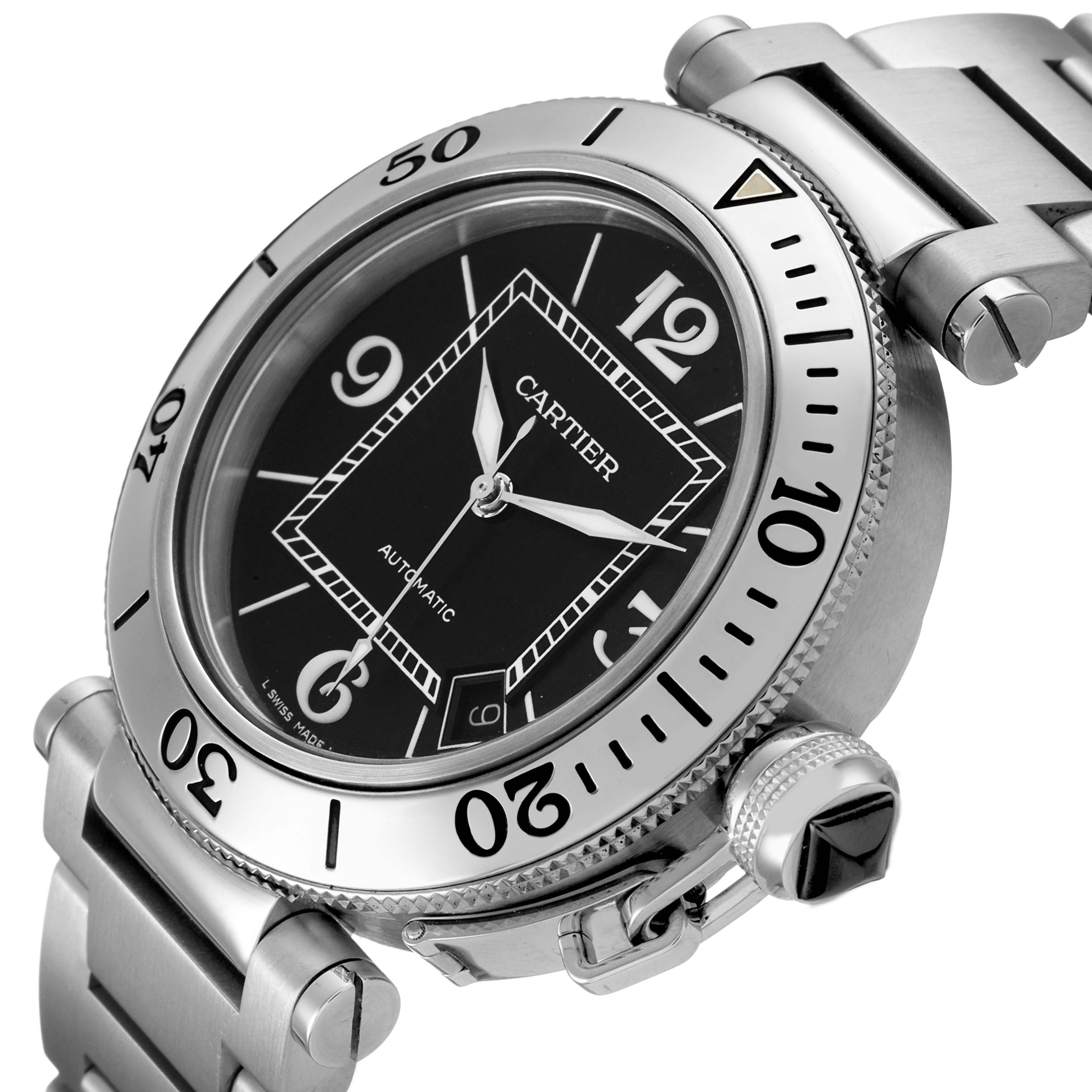 The Cartier Pasha W31080M7 Men's Stainless Steel Black Dial watch is shown from a slightly angled front view, highlighting its bezel, dial, and bracelet.