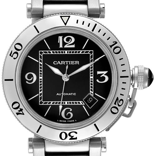 The Cartier Pasha W31080M7 Men's Stainless Steel Black Dial watch is shown from the front, highlighting the dial, bezel, and crown with its unique screw cap.