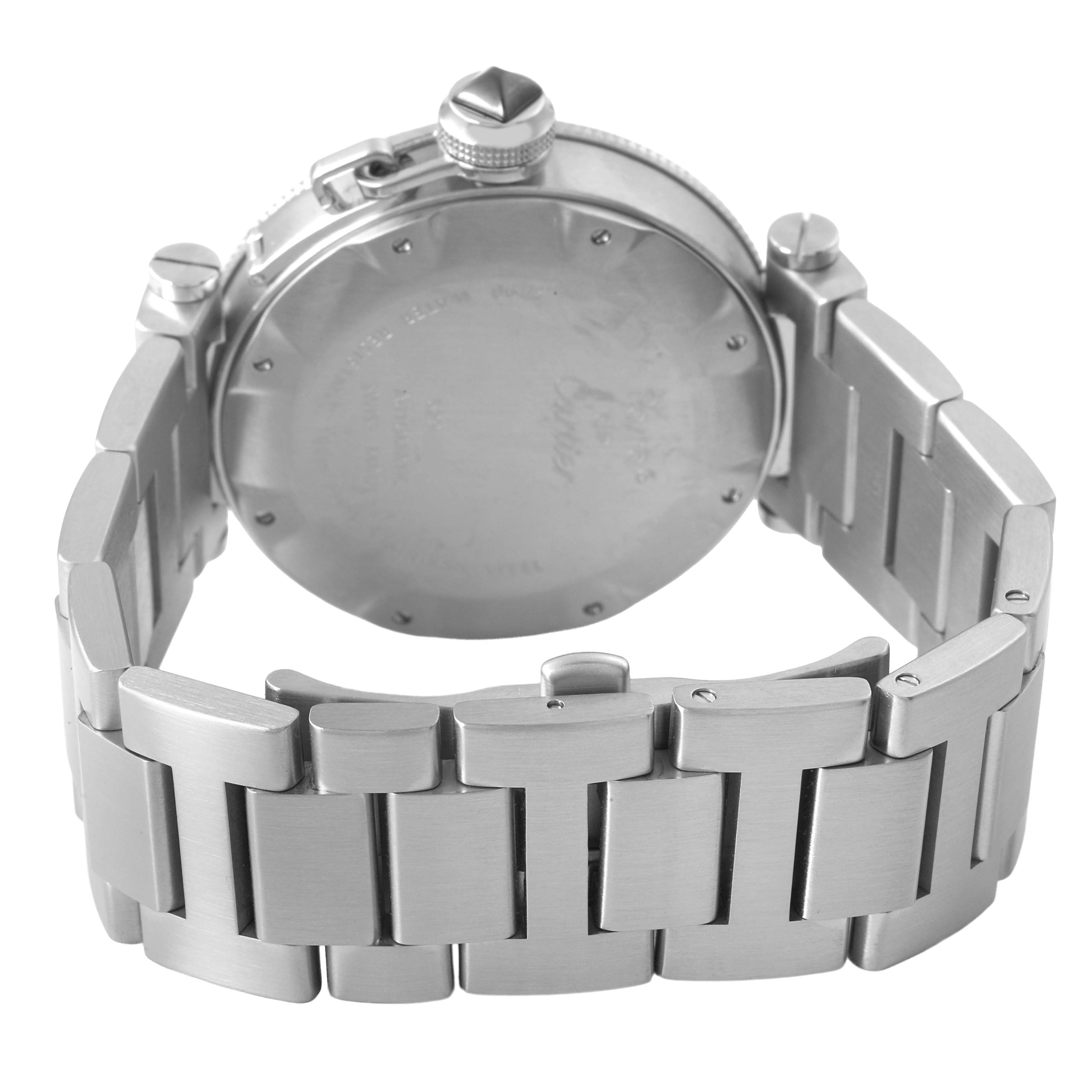 The image shows the back of a Cartier Pasha W31080M7 Men's Stainless Steel Black Dial watch, highlighting its stainless steel case and bracelet.