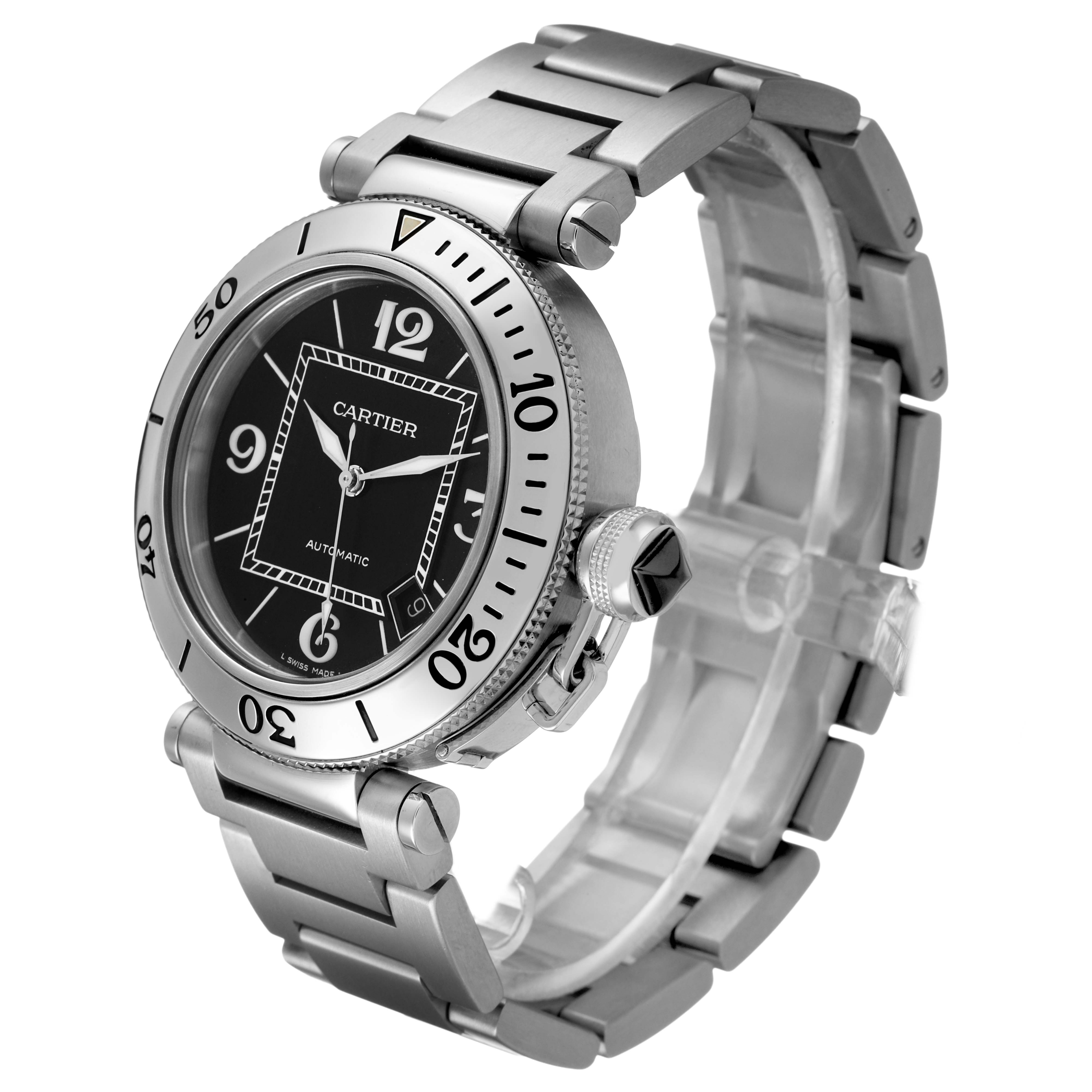 The Cartier Pasha W31080M7 Men's Stainless Steel Black Dial watch is shown at a 3/4 angle, highlighting its bezel, crown, and metal bracelet.
