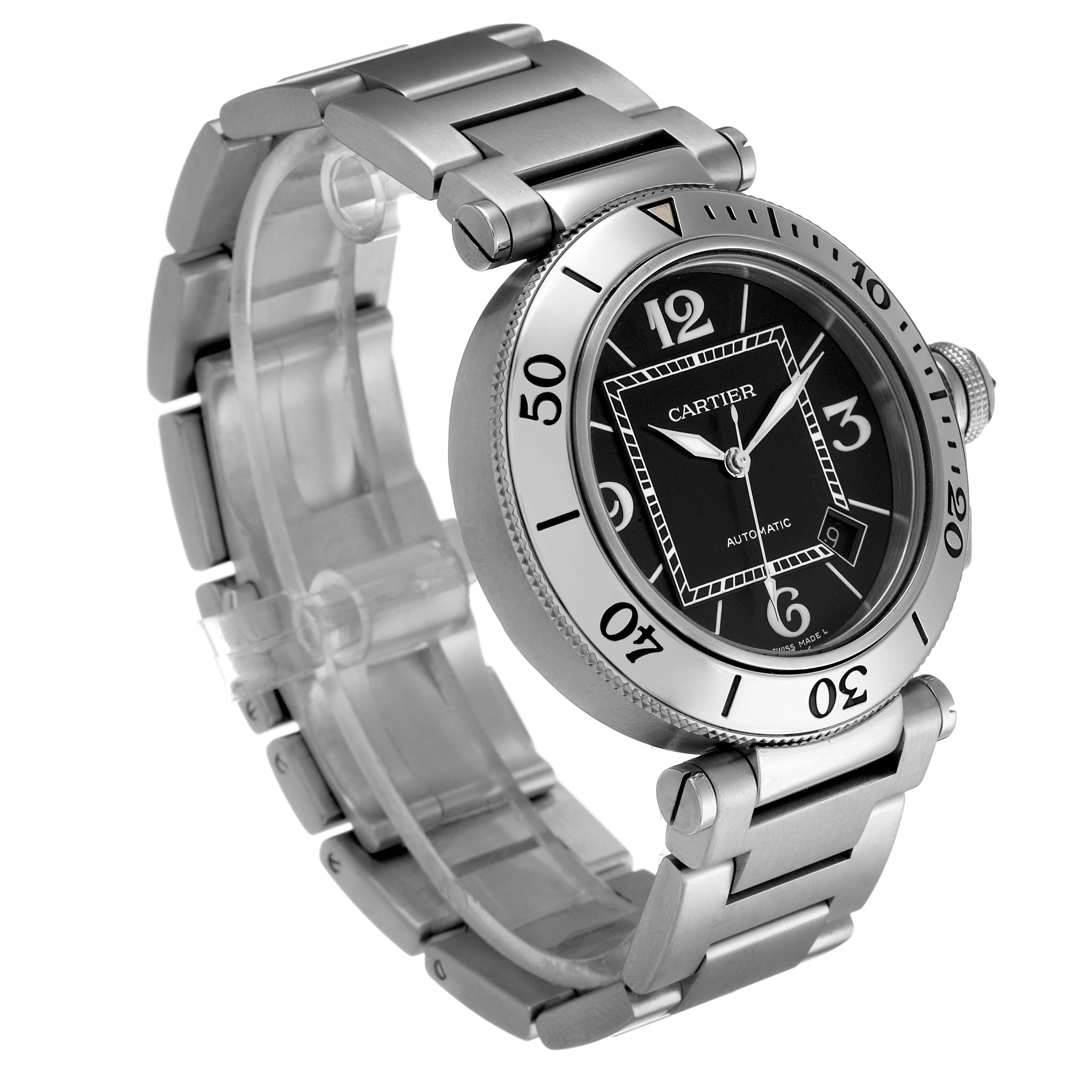 The Cartier Pasha W31080M7 Men's Stainless Steel Black Dial watch is shown at a three-quarter angle, displaying the face, bezel, crown, and bracelet.