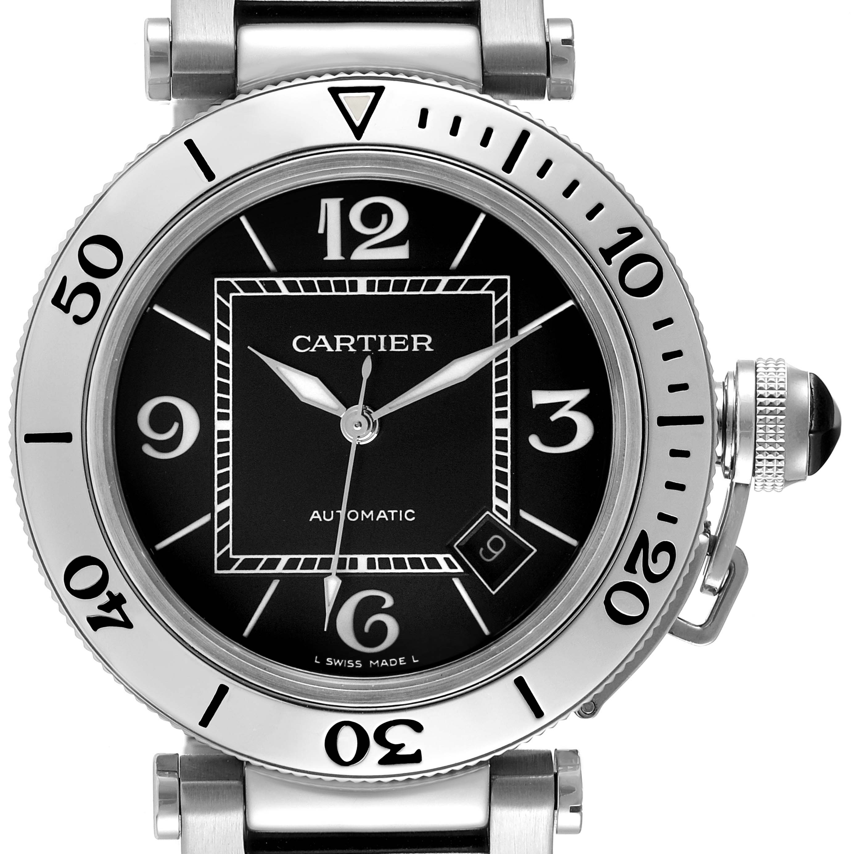 The Cartier Pasha W31080M7 Men's Stainless Steel Black Dial model watch is shown from a front angle, highlighting its black dial, numerals, bezel, and crown.