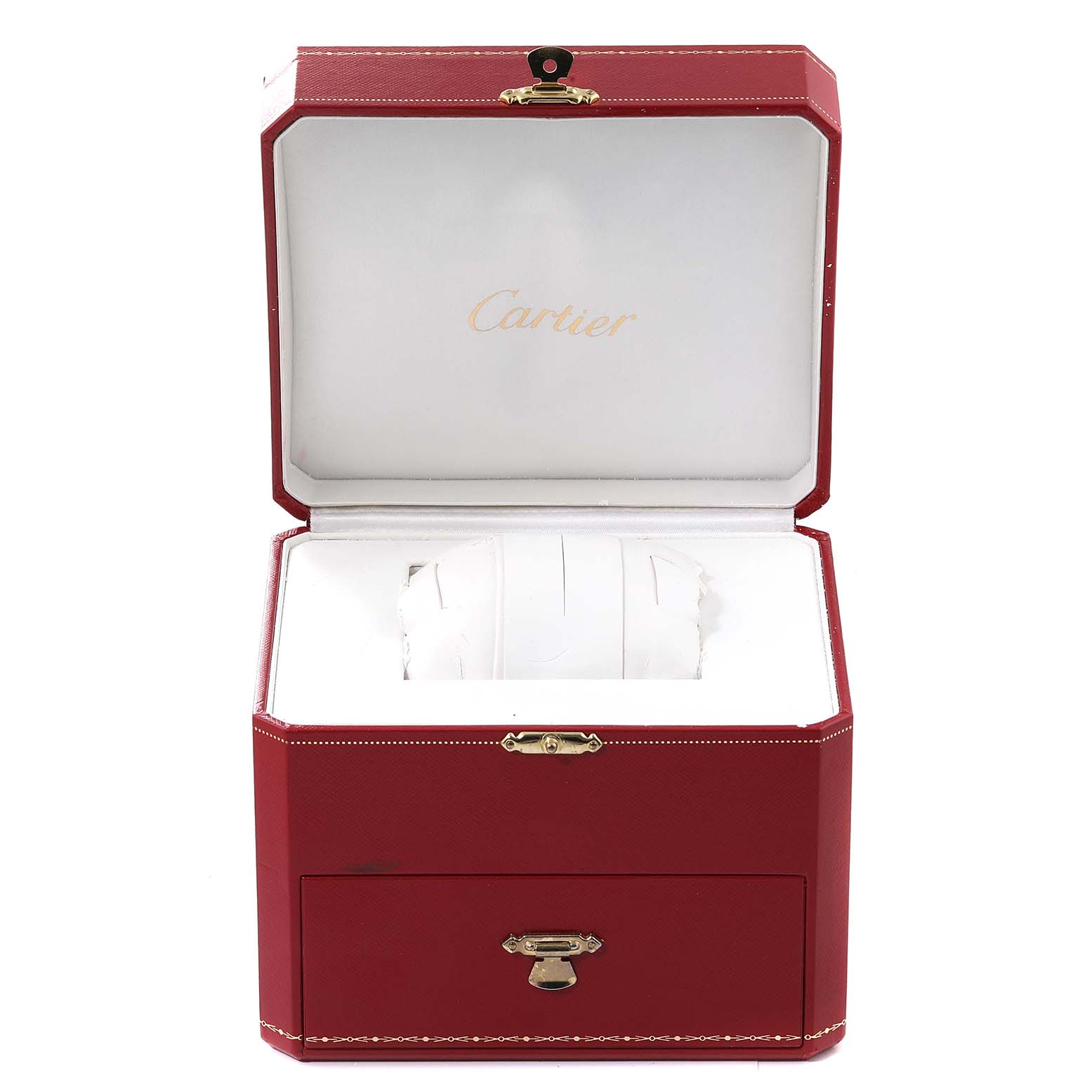 The image shows an open Cartier Roadster W62021Y3 Men
s Yellow Gold Silver Dial W62021Y3 Men
s Yellow Gold Silver Dial watch box, revealing its interior cushion support.