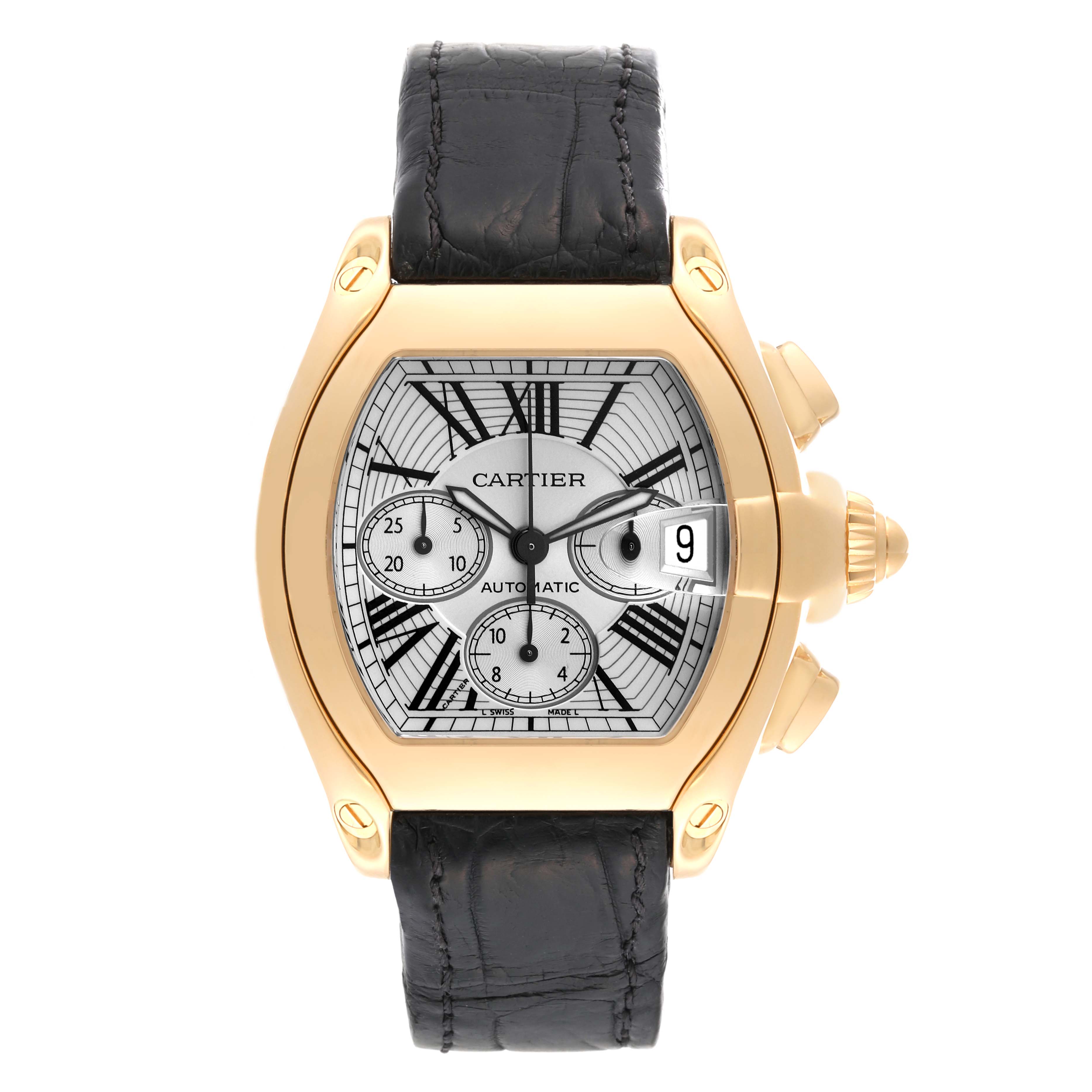 The Cartier Roadster W62021Y3 Men
s Yellow Gold Silver Dial W62021Y3 Men
s Yellow Gold Silver Dial watch is shown from a front view, highlighting its face, leather strap, and side buttons.