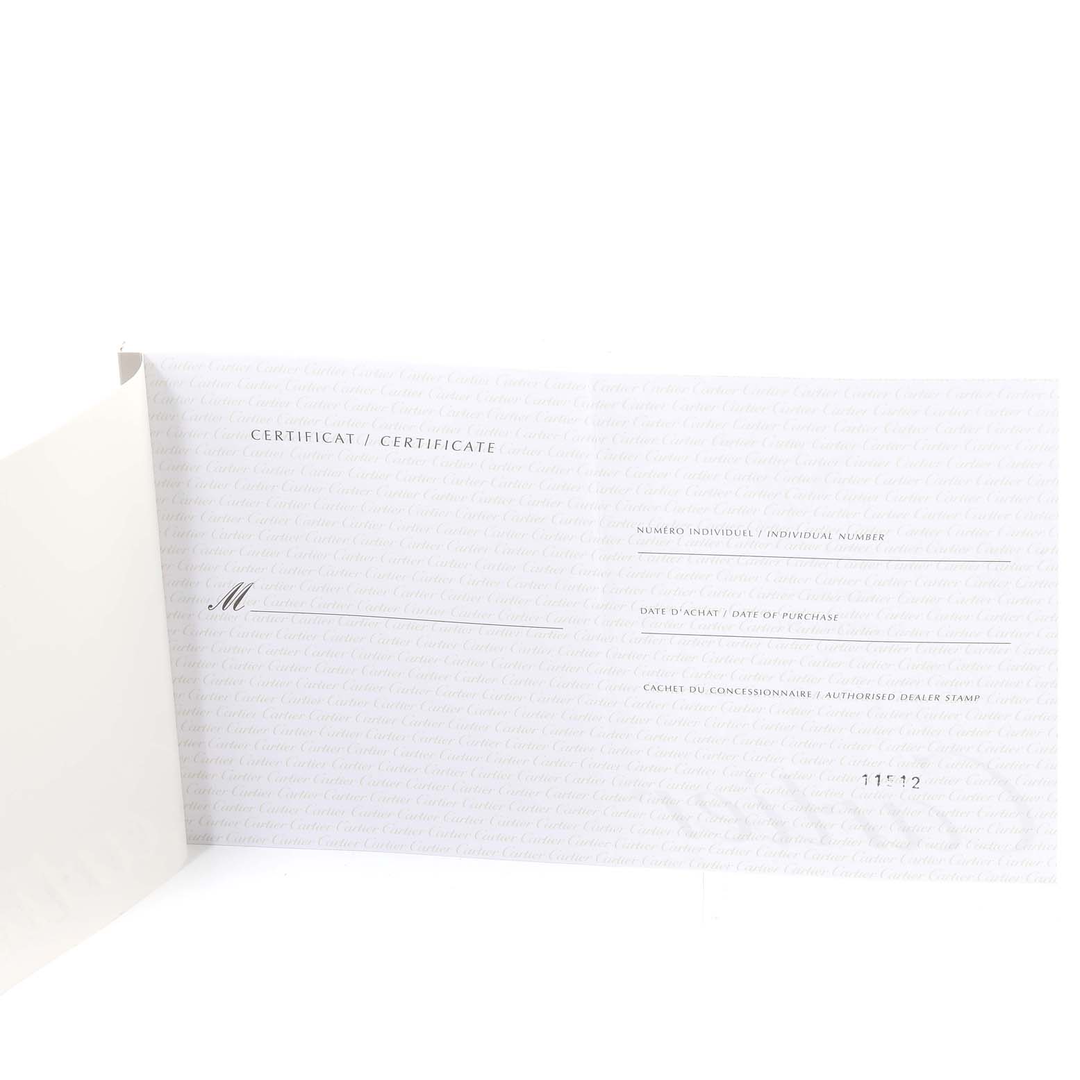 This image shows the open certification paperwork for the Roadster model by Cartier.