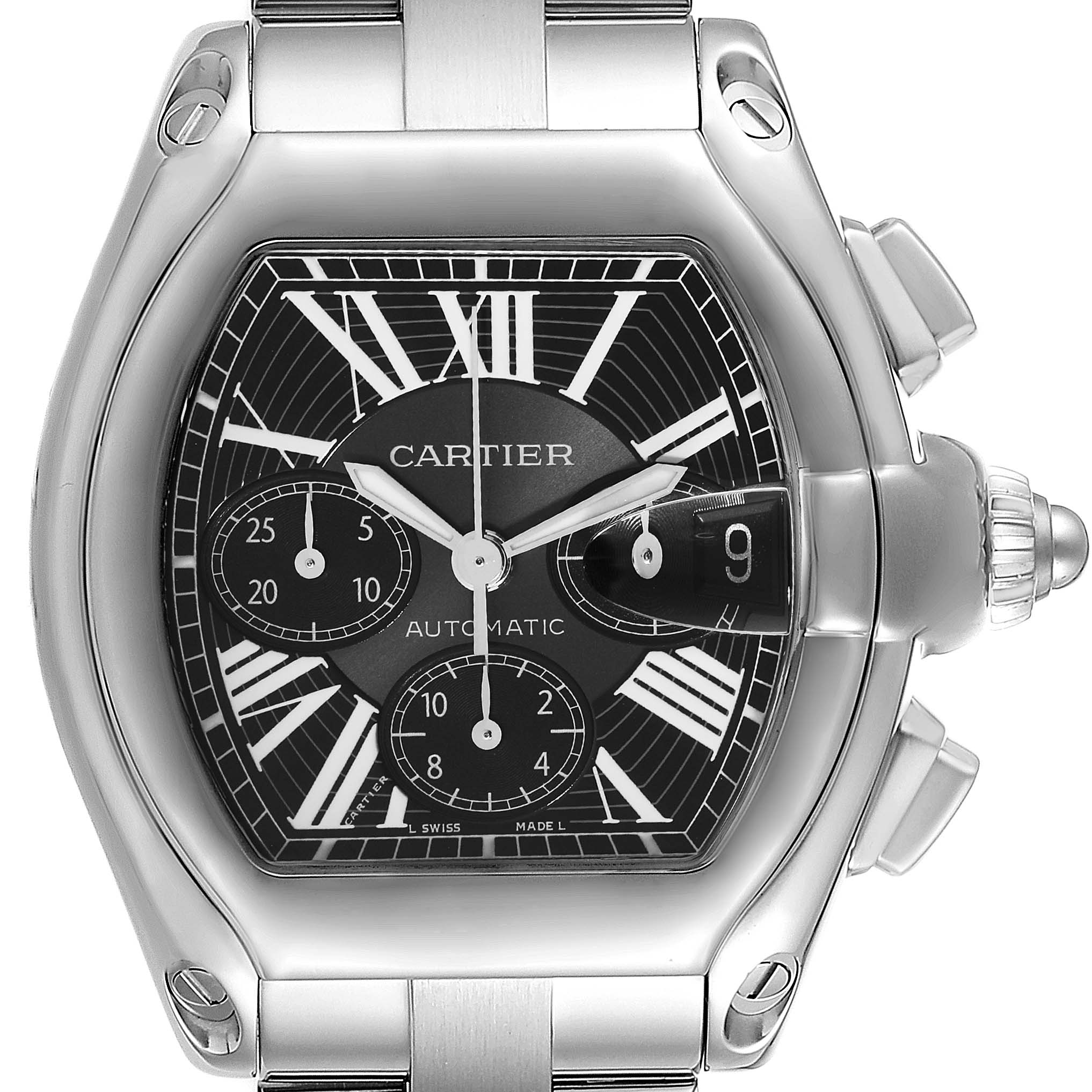 The image shows a front view of the Cartier Roadster W62007X6 Men's Stainless Steel Black Dial W62007X6 Men's Stainless Steel Black Dial watch, highlighting its face, strap, and side buttons.