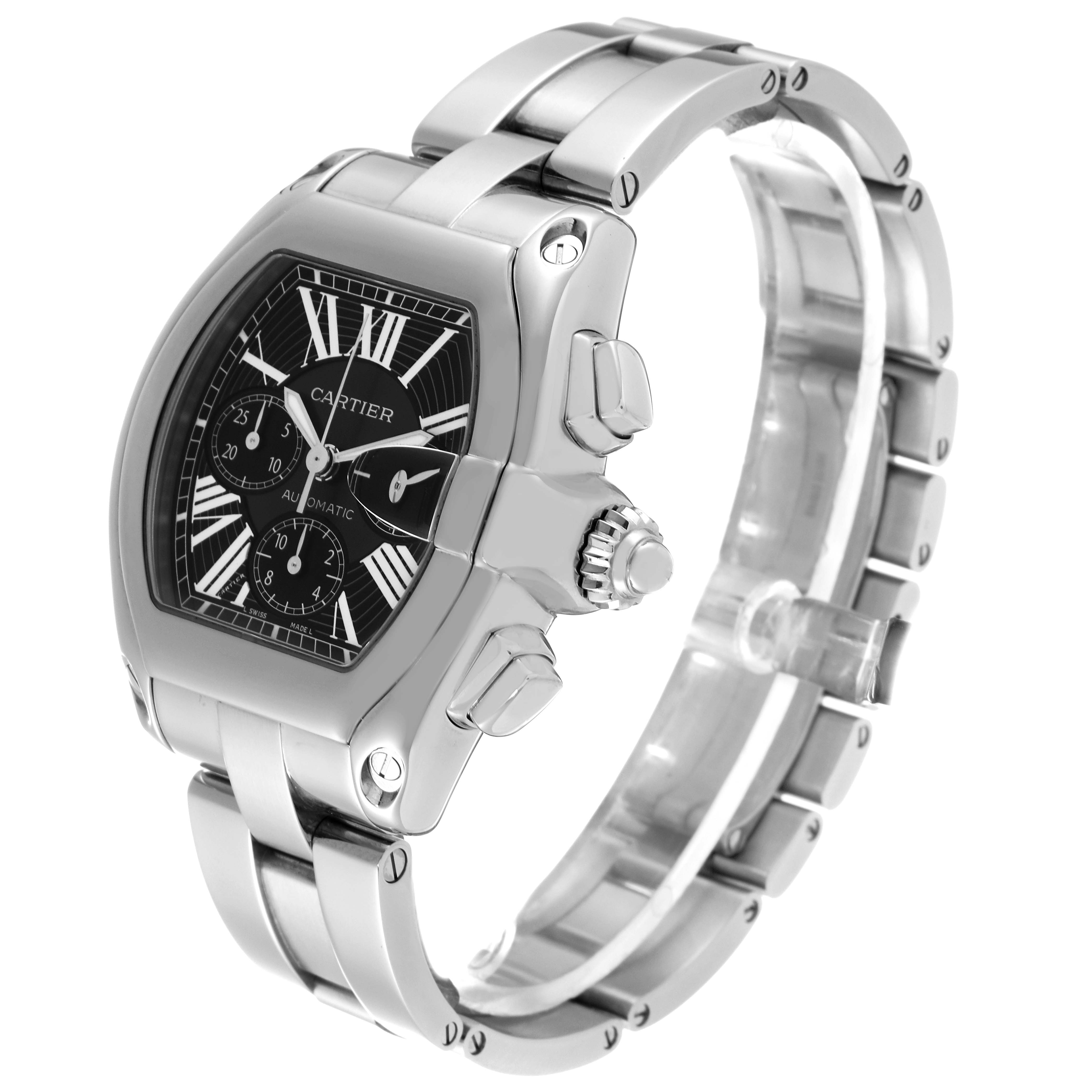 This image shows a Cartier Roadster W62007X6 Men's Stainless Steel Black Dial W62007X6 Men's Stainless Steel Black Dial watch at an angled side view, highlighting its dial, crown, and metal bracelet.